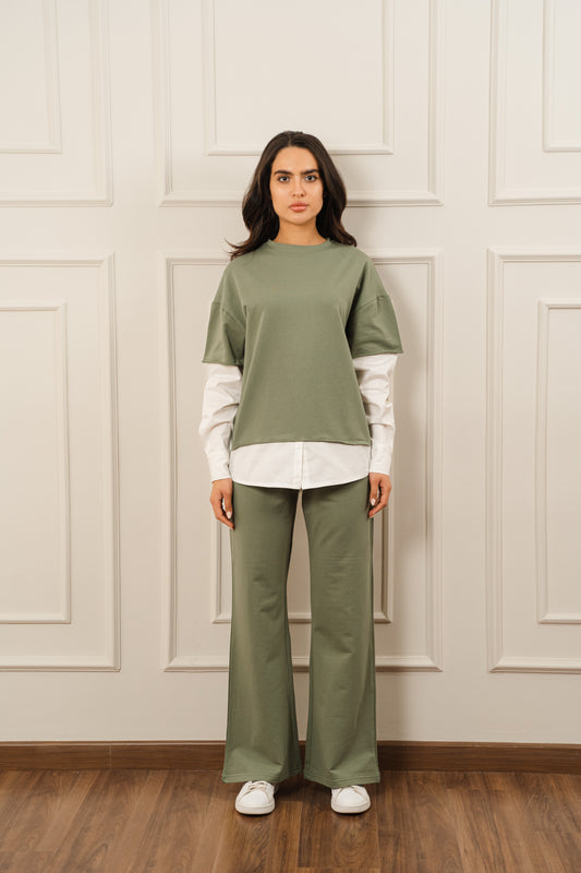 Contrast Poplin Set In Olive