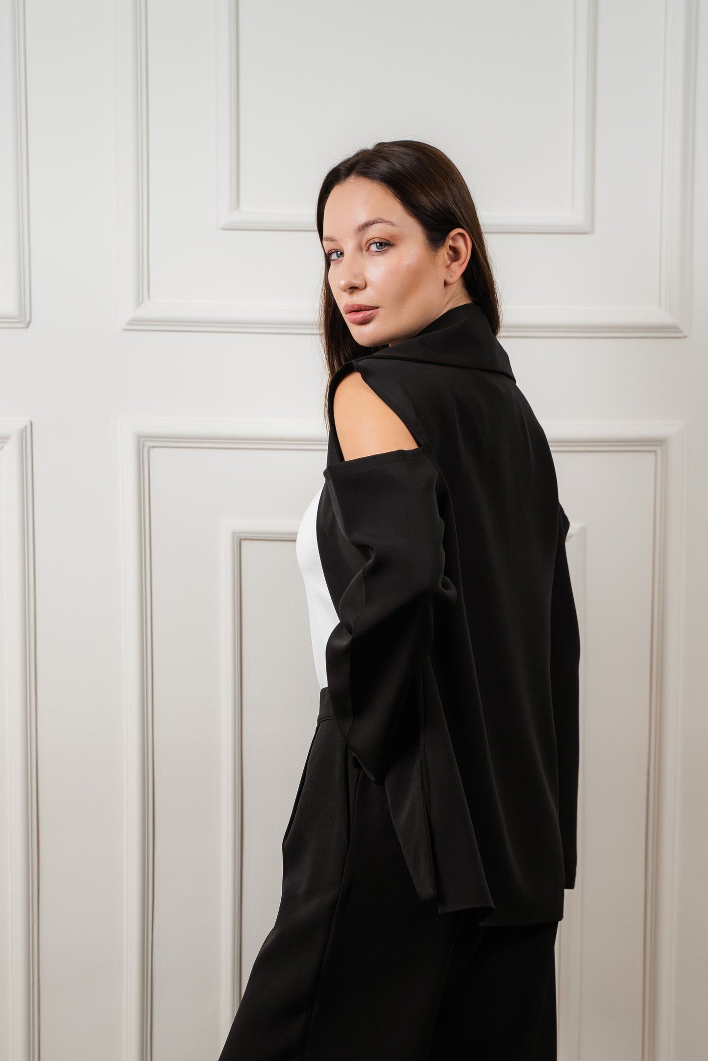 Draped Shoulder Blazer- Black