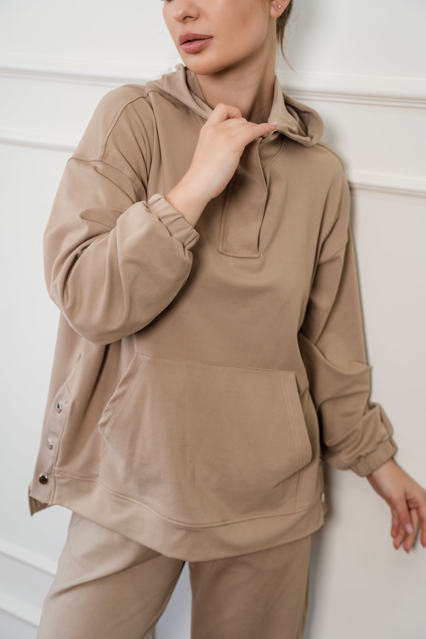 Wide Leg Side Buttons Set In Beige