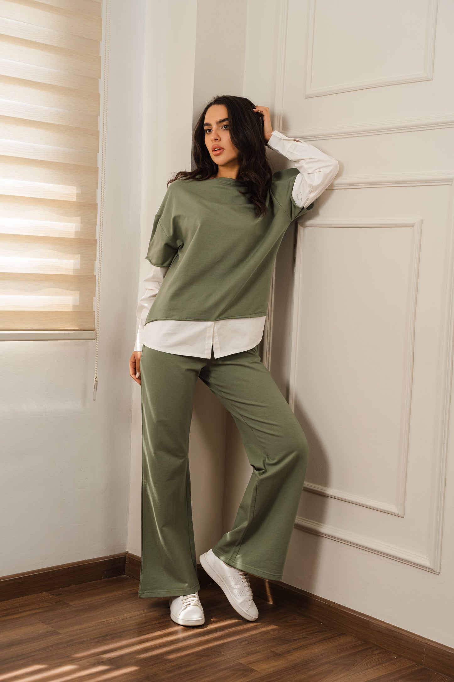 Contrast Poplin Set In Olive