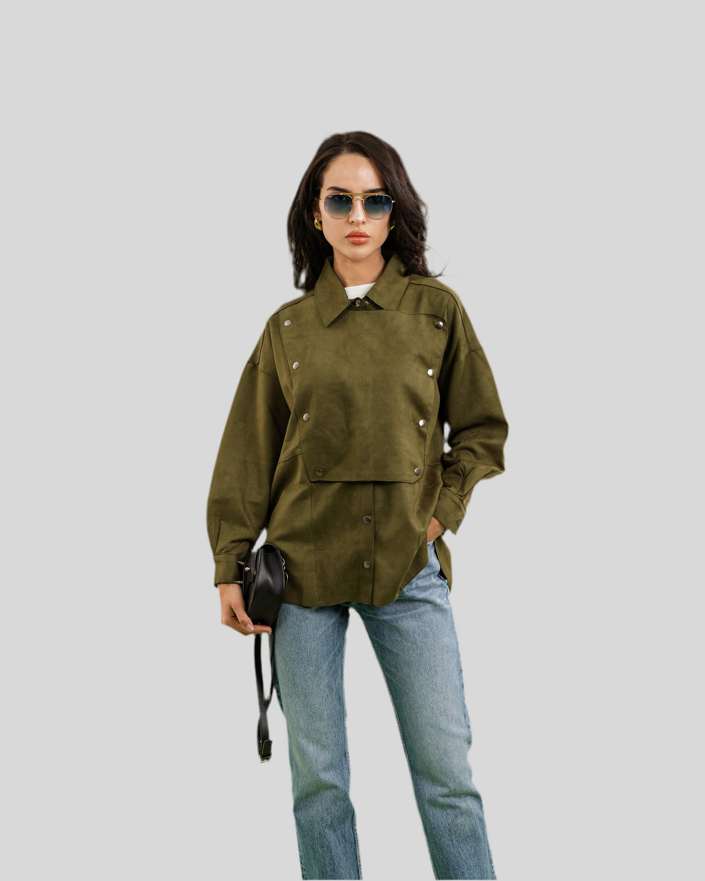 Faux Suede Overshirt In Olive
