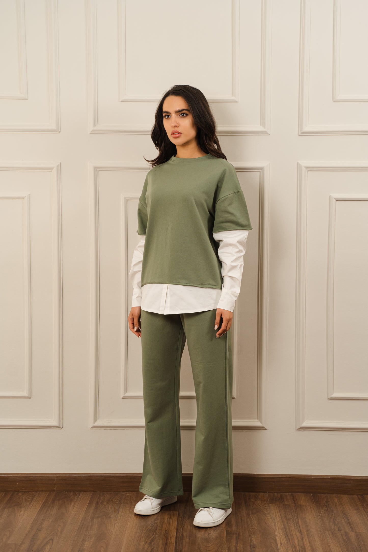 Contrast Poplin Set In Olive