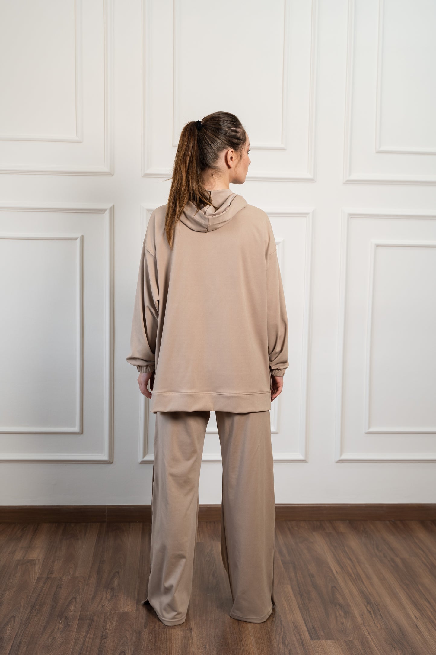 Wide Leg Side Buttons Set In Beige