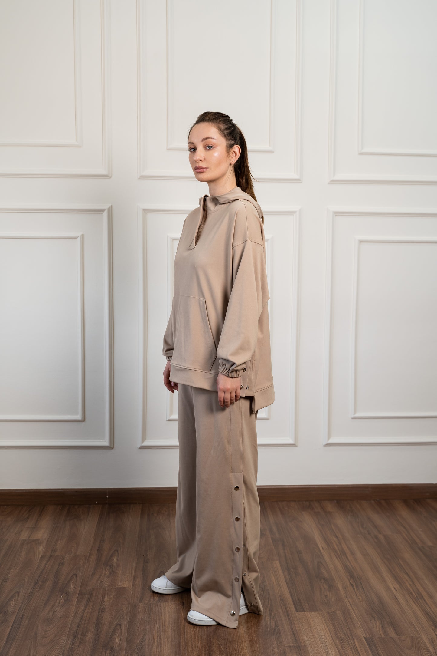 Wide Leg Side Buttons Set In Beige