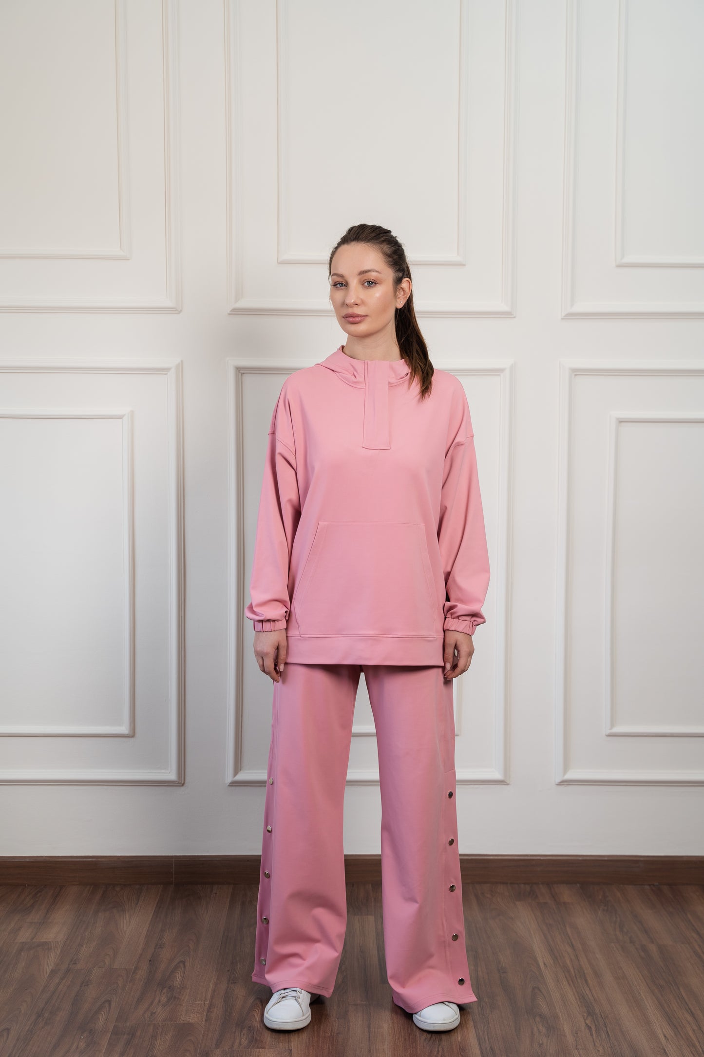 Wide Leg Side Buttons Set In Cashmere
