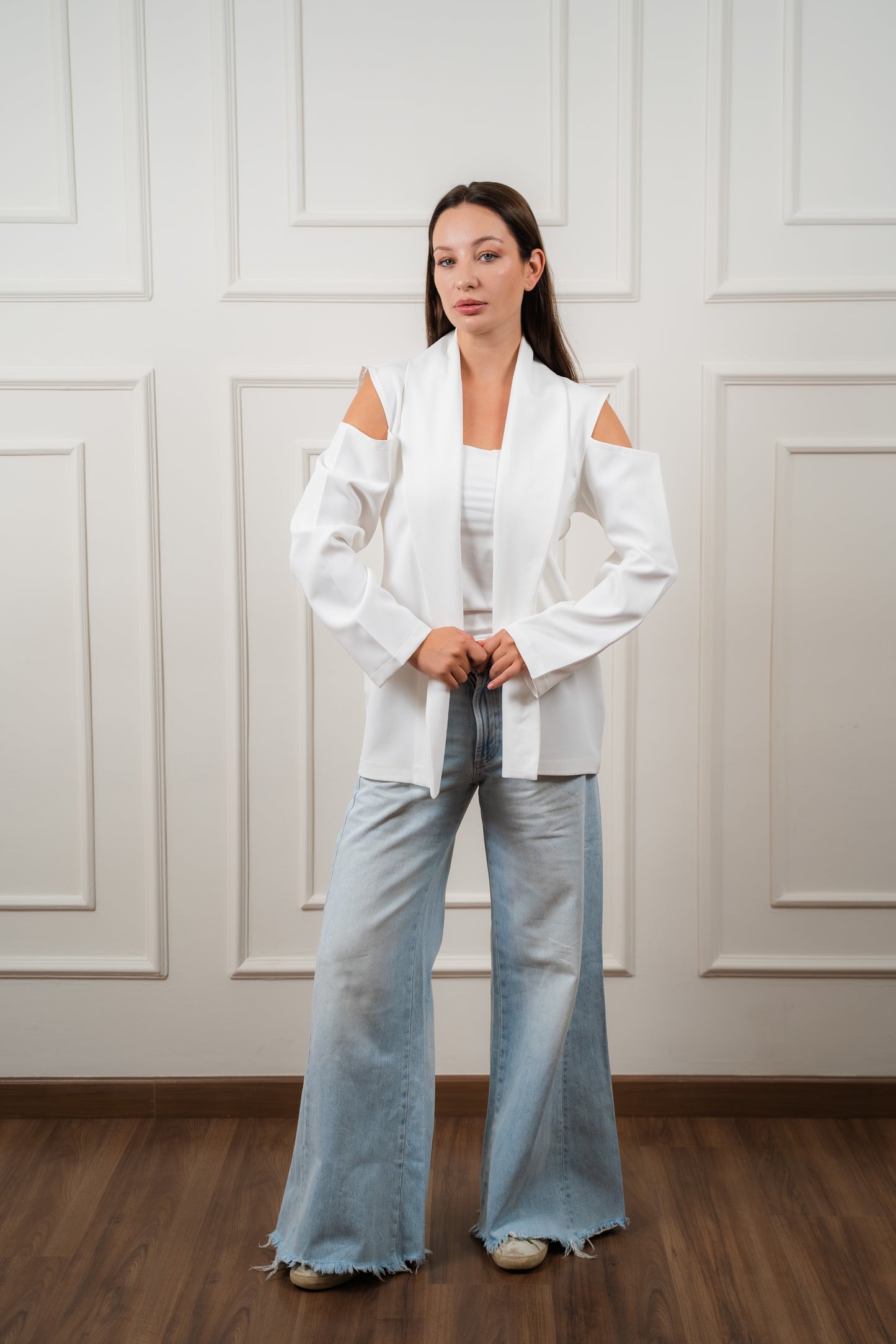 Draped Shoulder Blazer- White