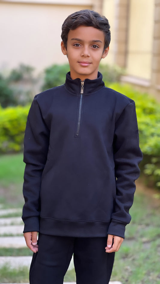 High Neck Zipper Set For Kids In Black