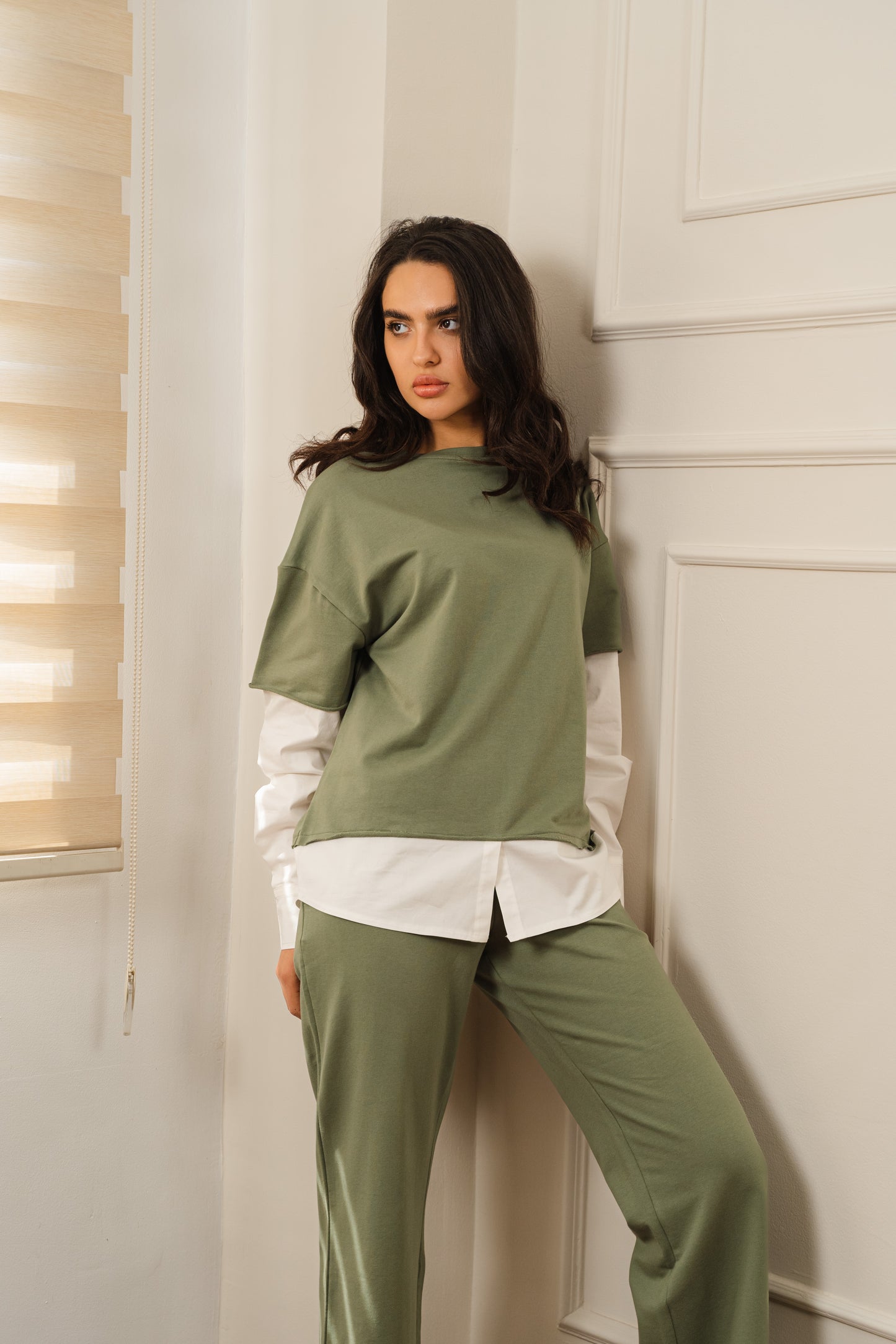 Contrast Poplin Set In Olive