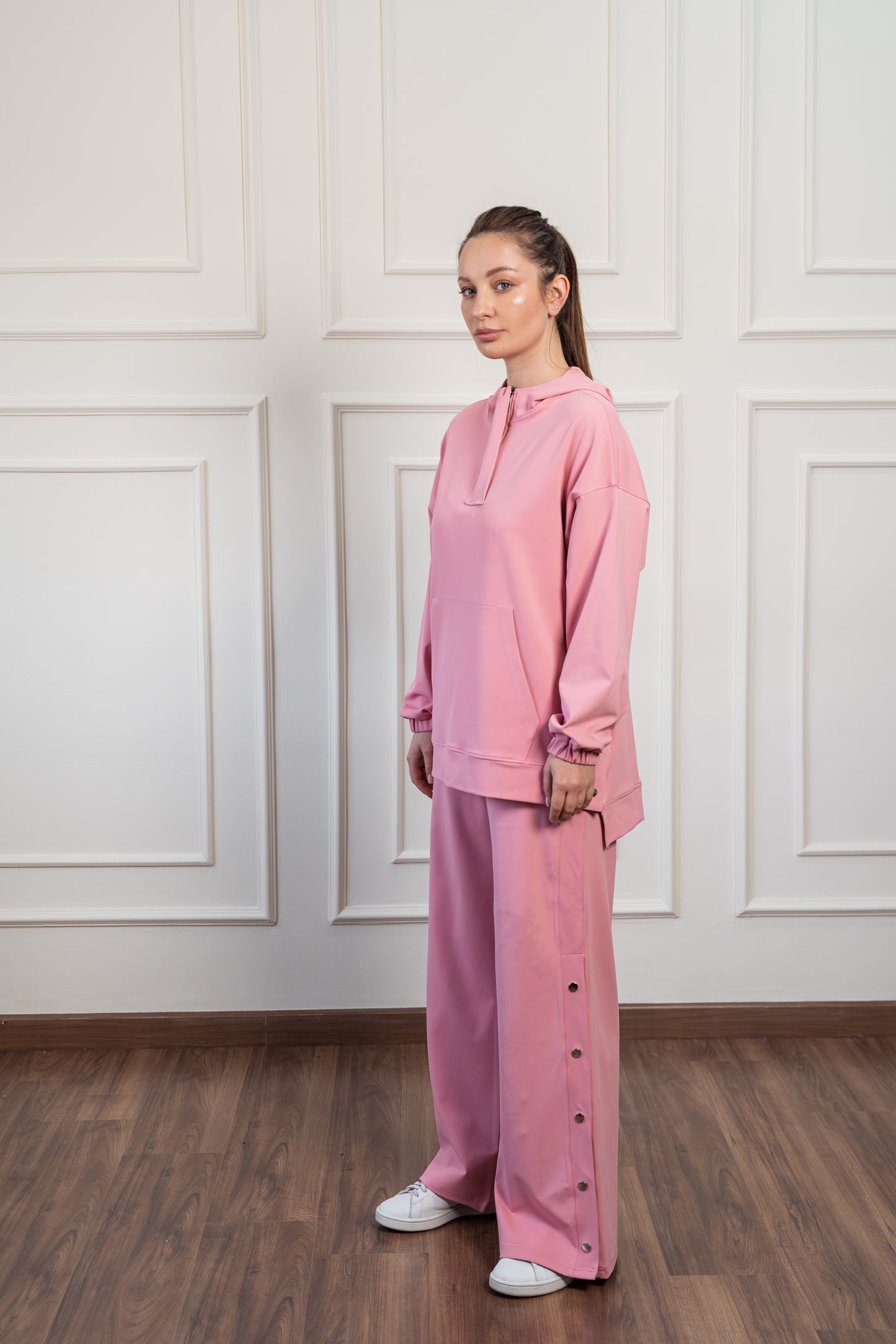 Wide Leg Side Buttons Set In Cashmere