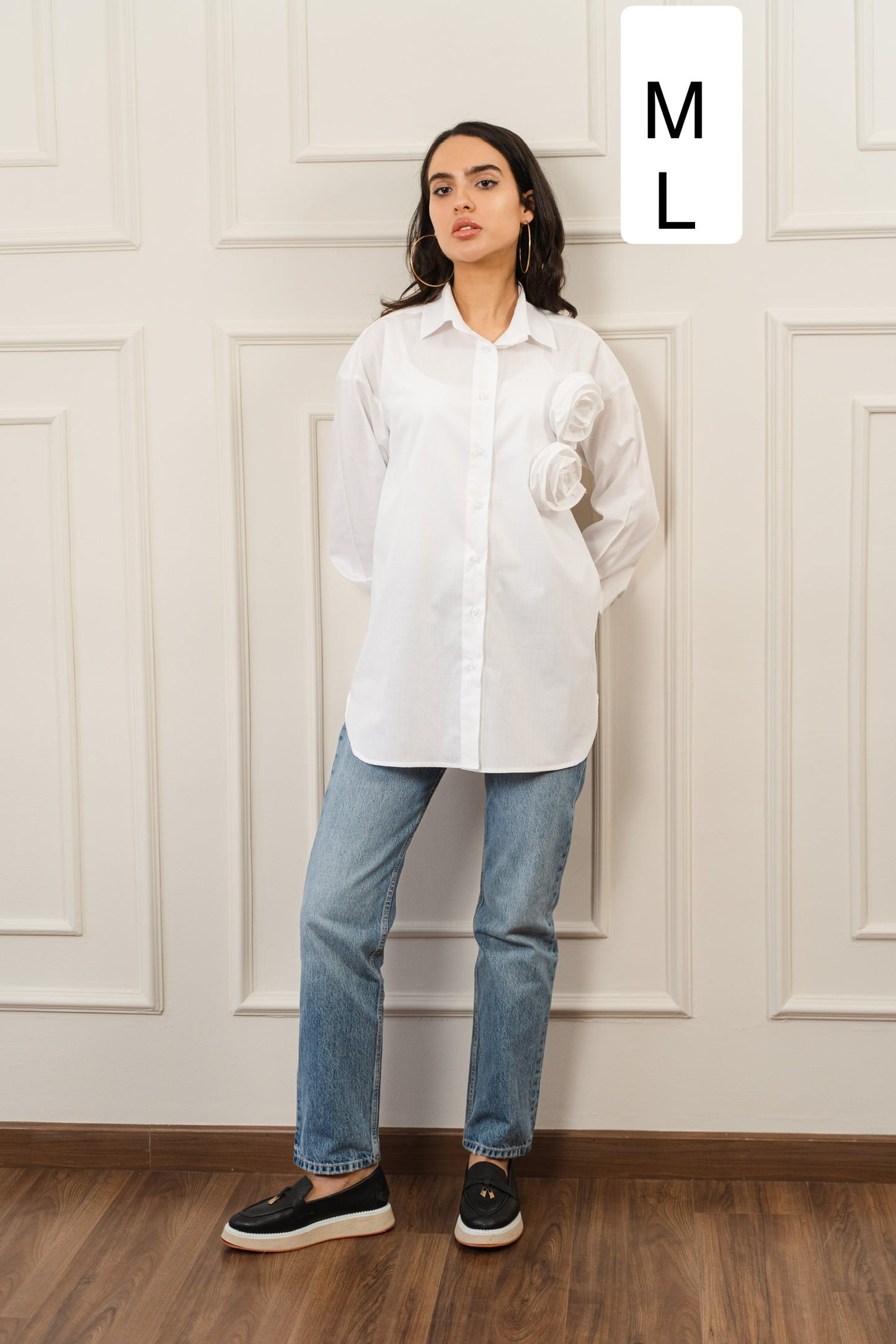 White Poplin Shirt With Flower Detail