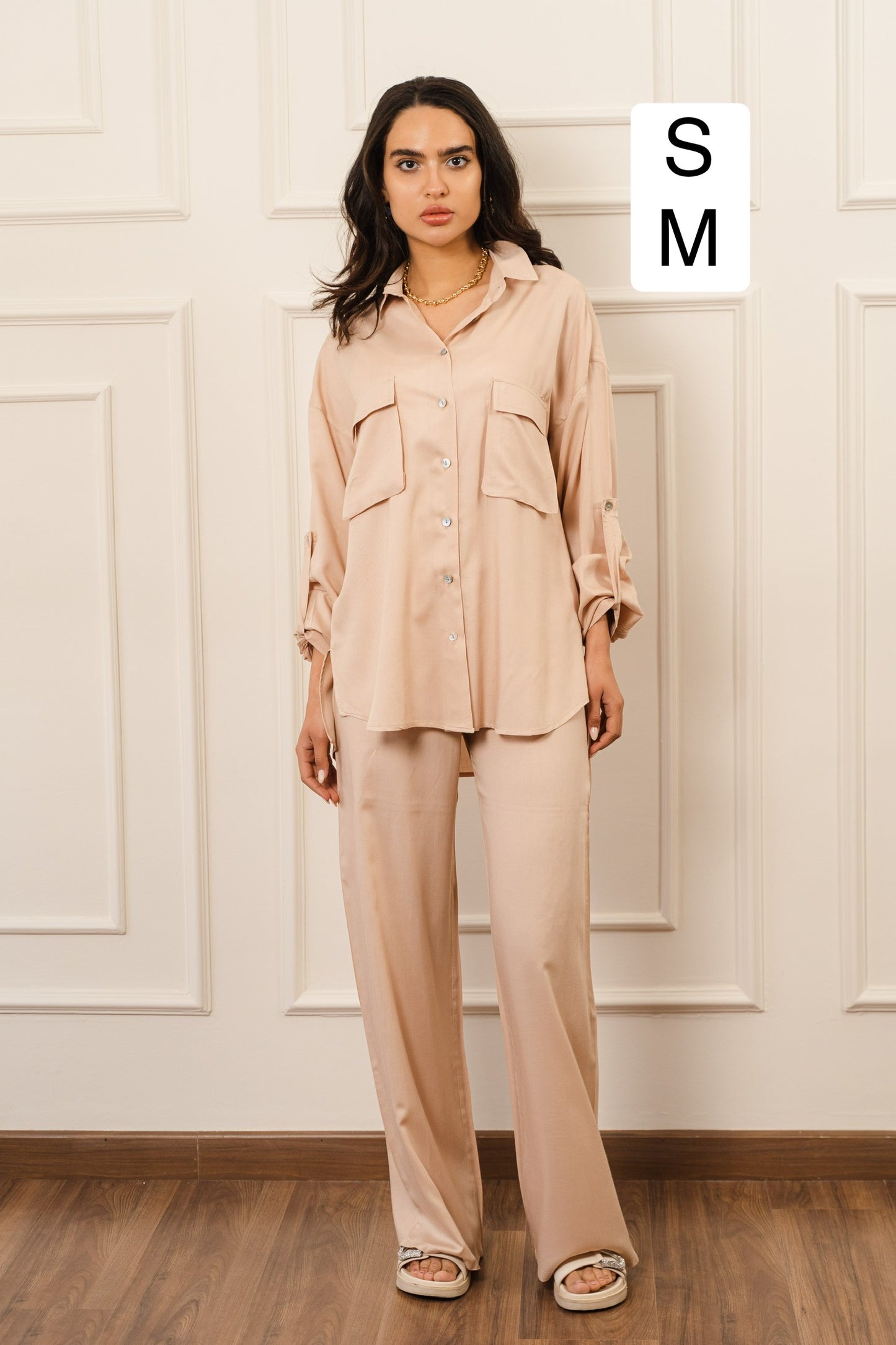 Flowy Shirt Set In Beige