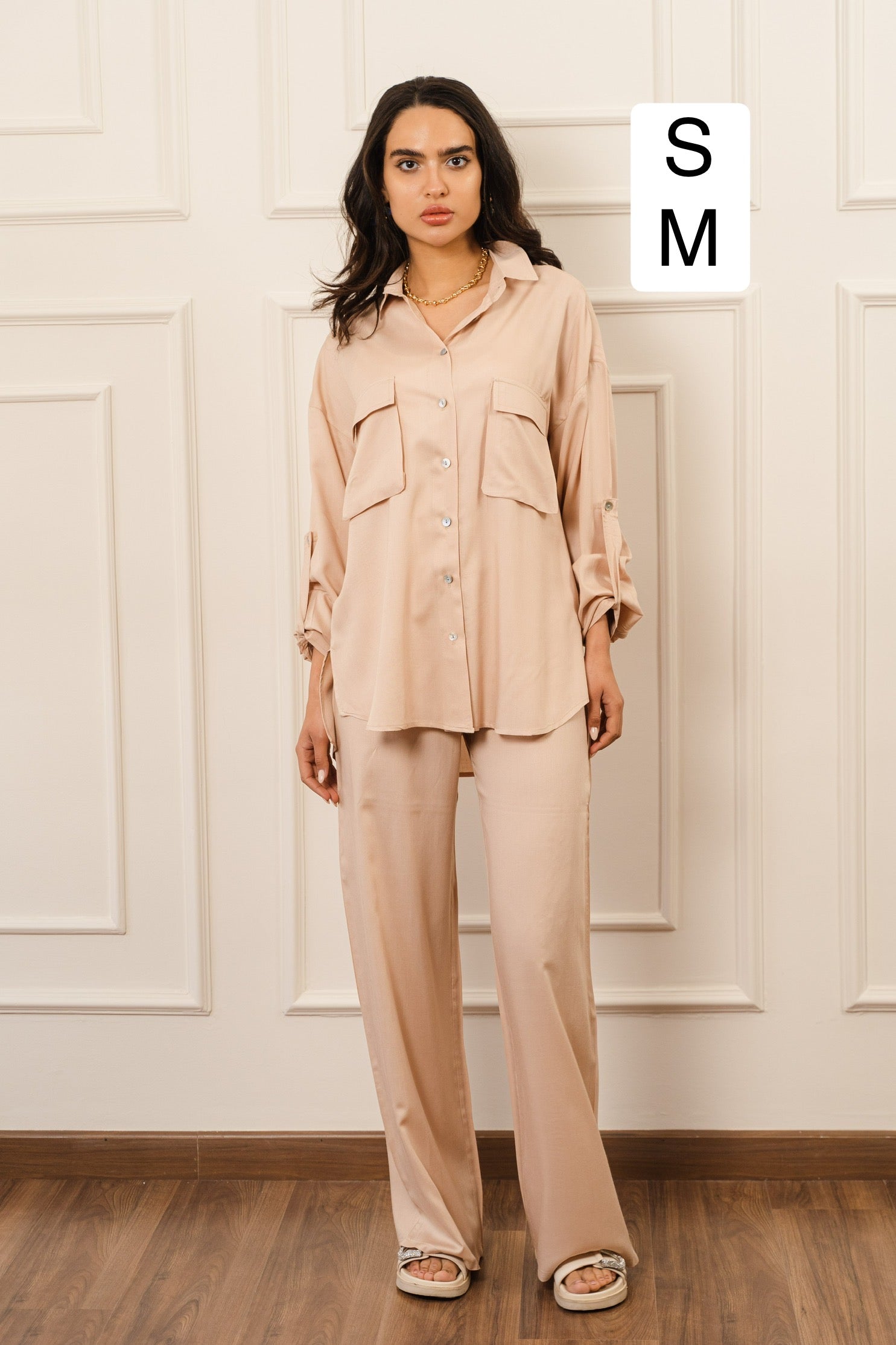 Flowy Shirt Set In Beige