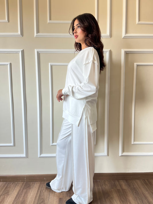 Raw Edge Sweetshirt Set In White