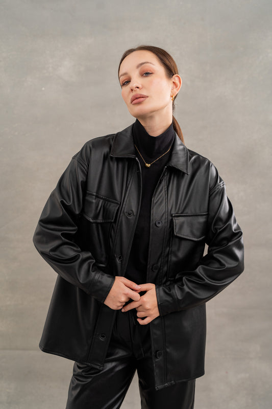 Leather overshirt In Black