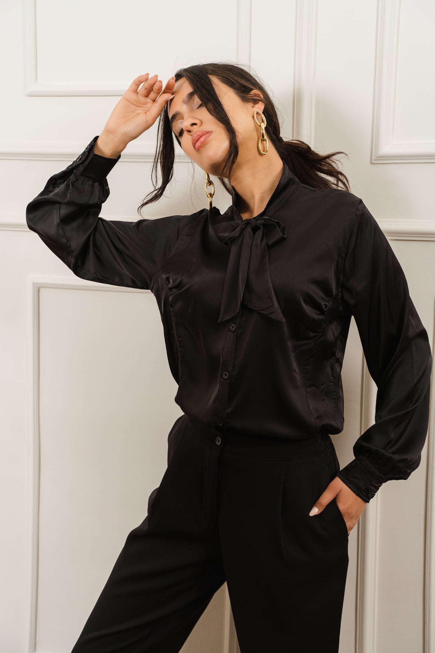 Tie Neck Satin Blouse In Black