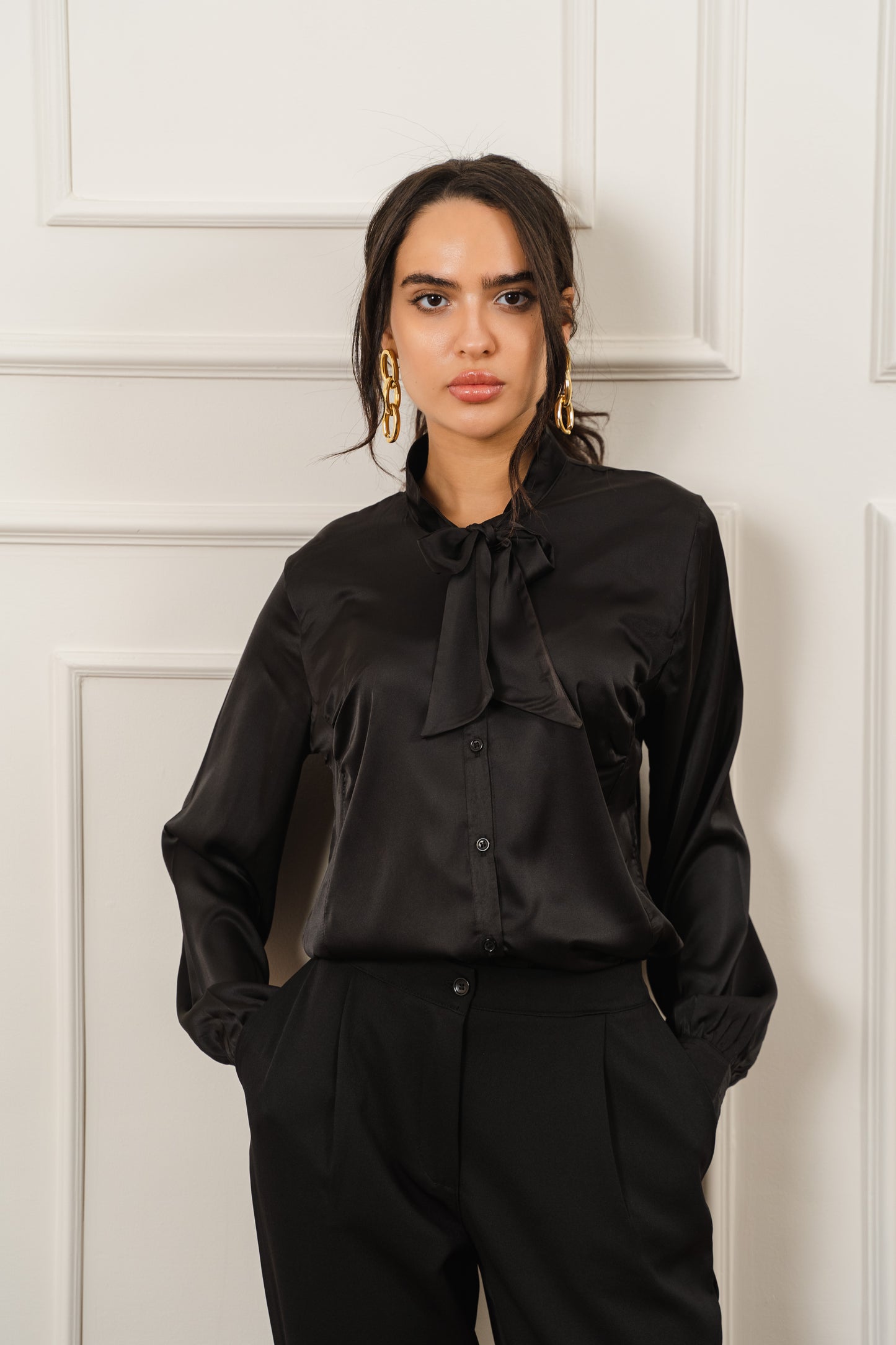 Tie Neck Satin Blouse In Black