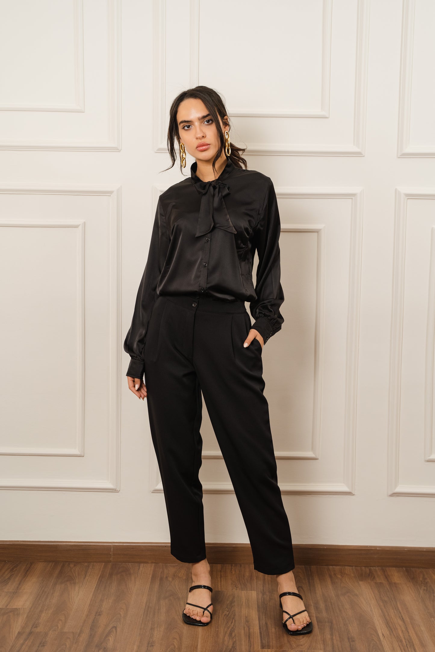 Tie Neck Satin Blouse In Black