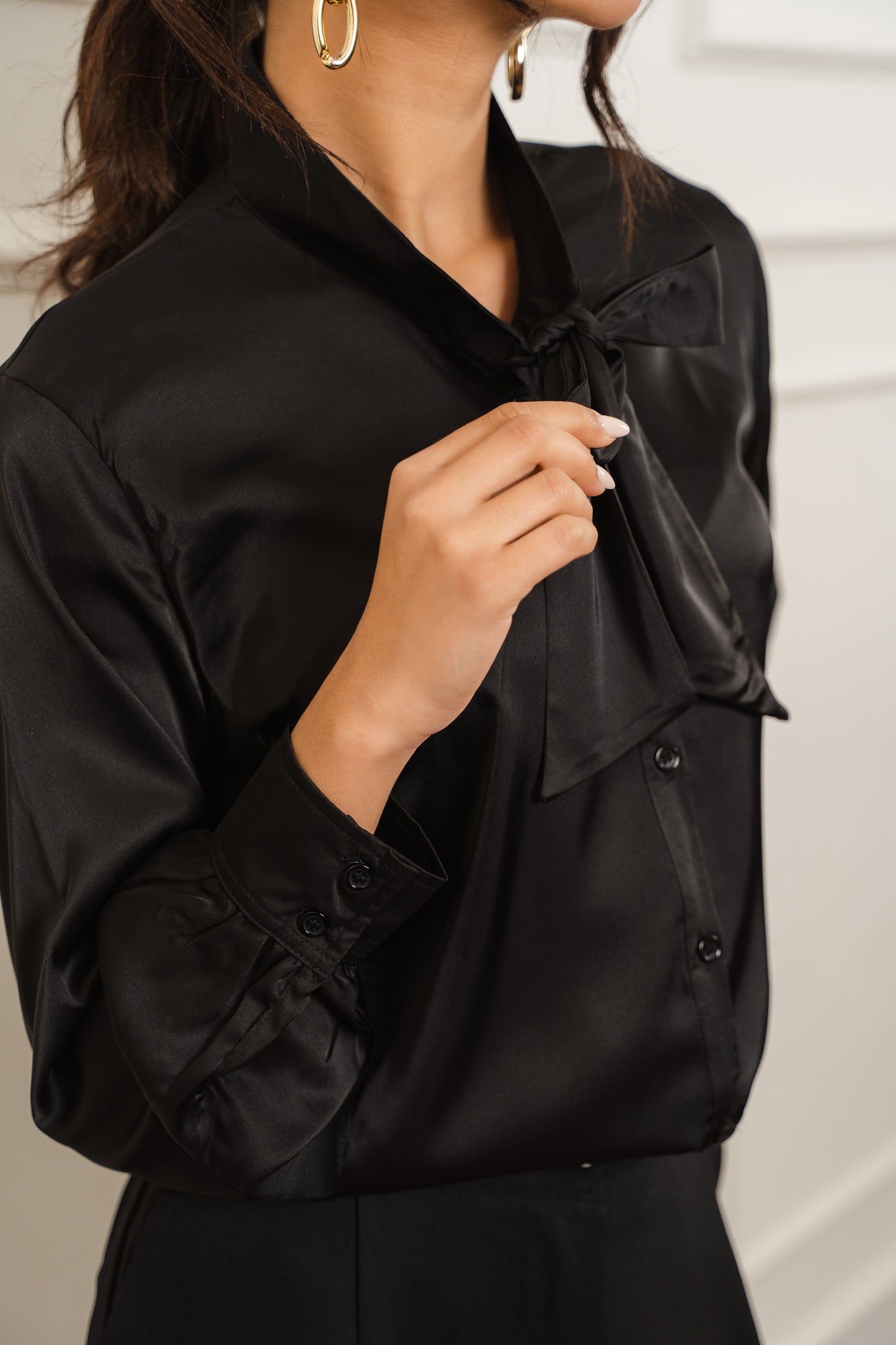Tie Neck Satin Blouse In Black