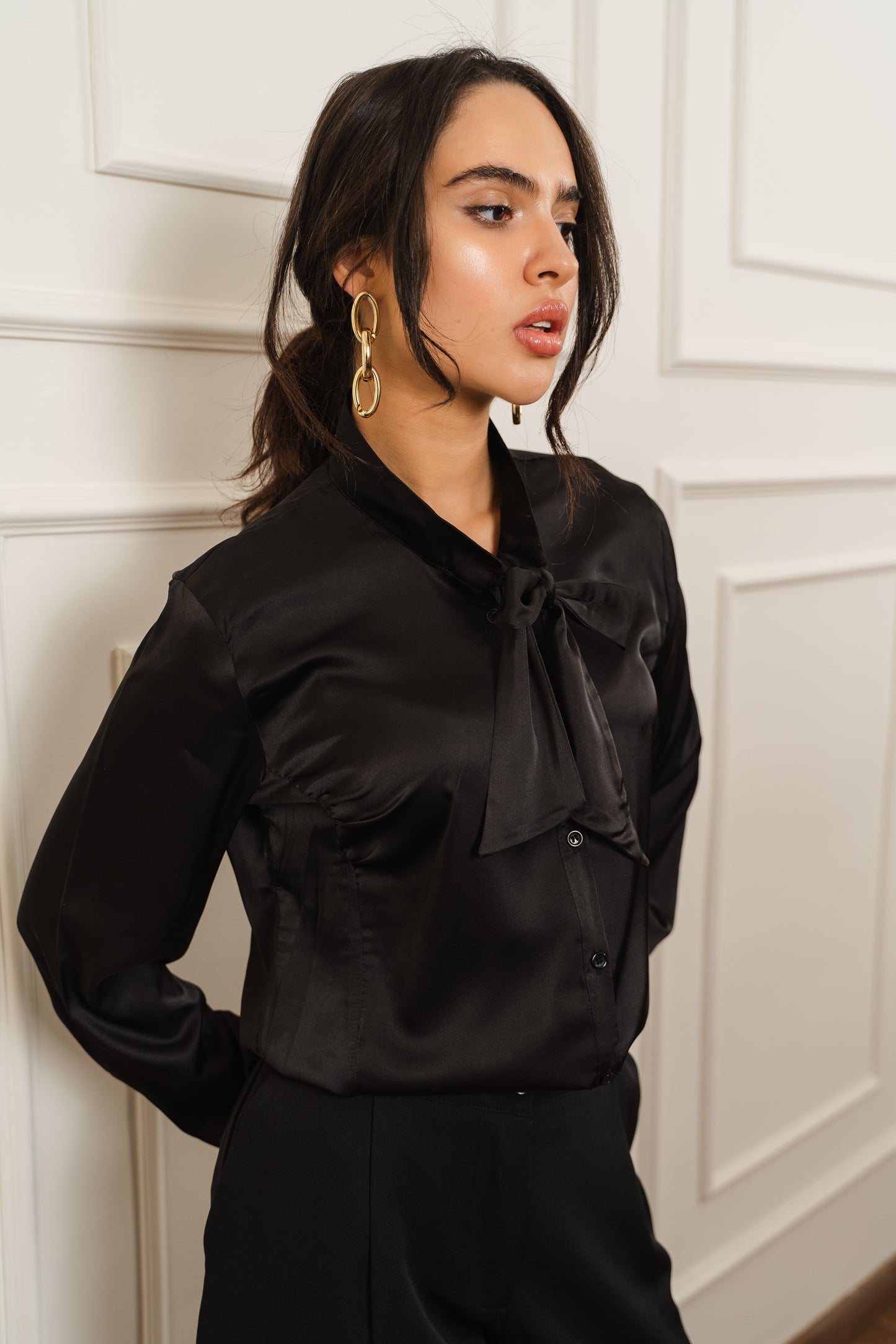 Tie Neck Satin Blouse In Black