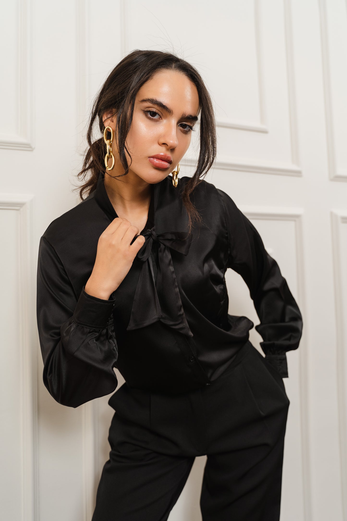 Tie Neck Satin Blouse In Black