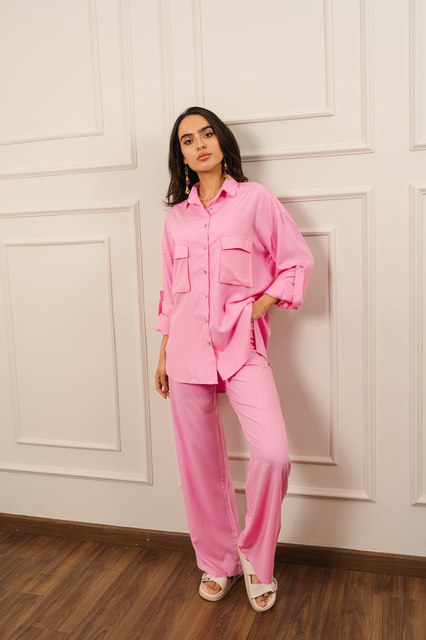 Flowy Shirt Set In Pink