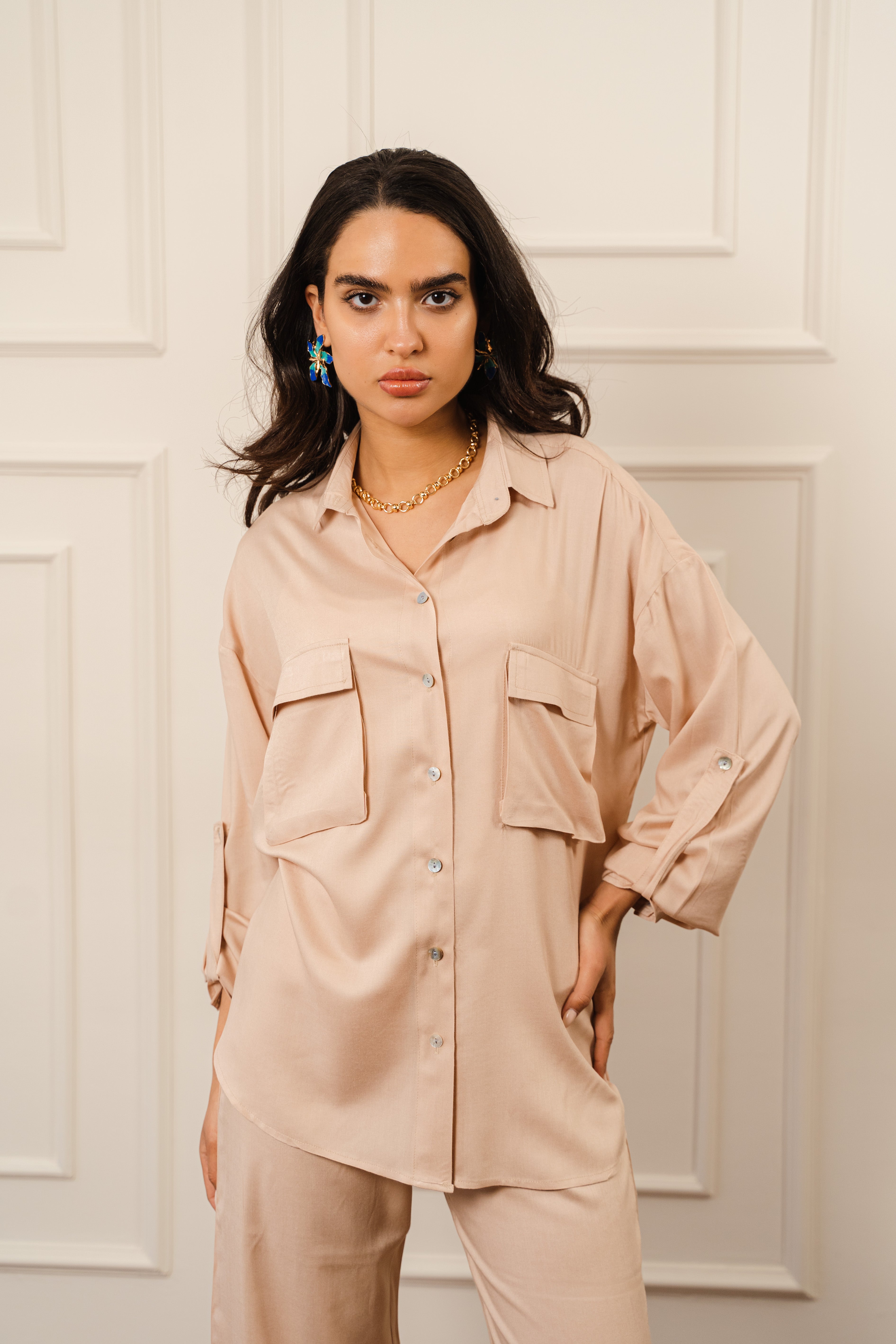 Flowy Shirt Set In Beige