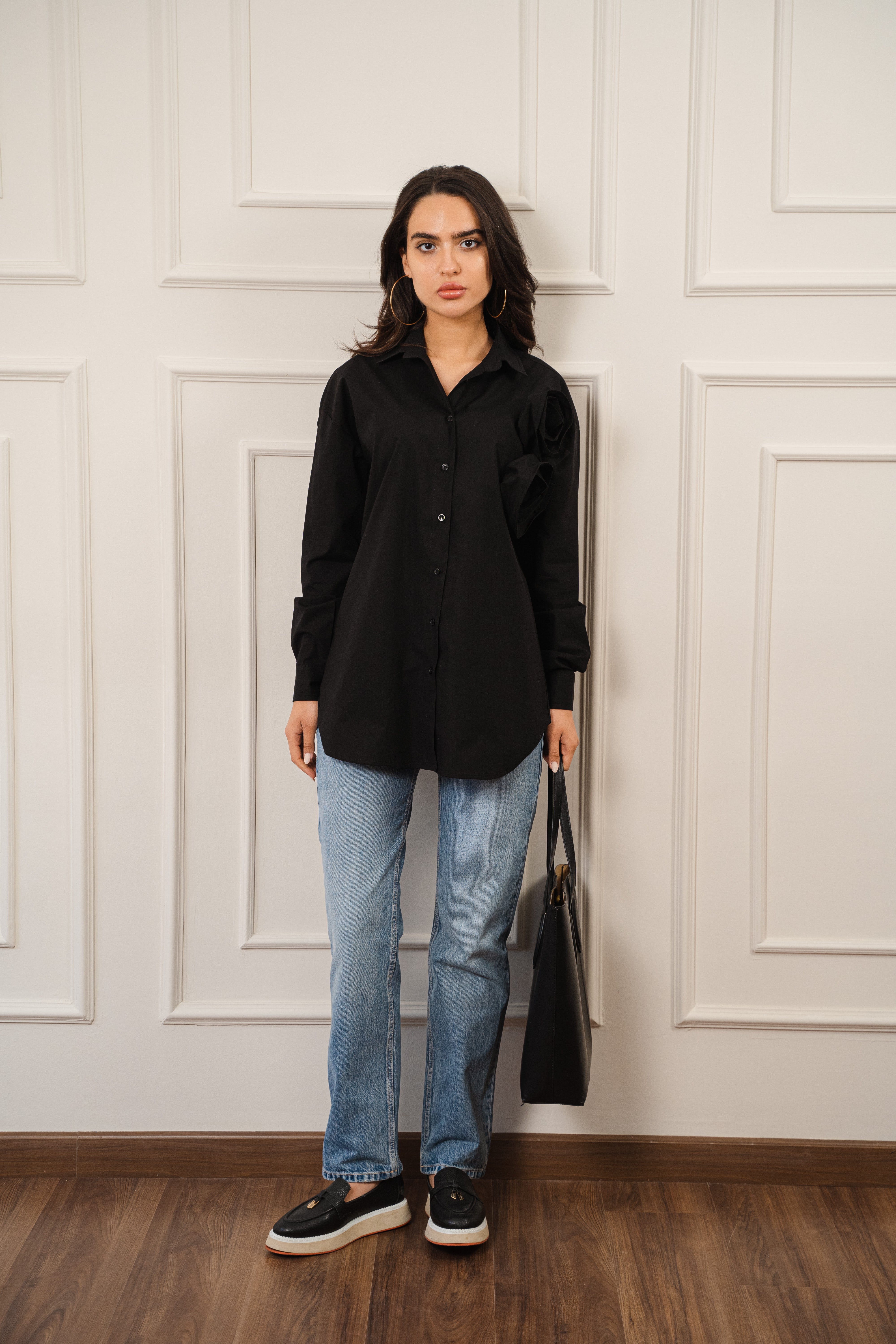 Black Poplin Shirt With Flower Detail