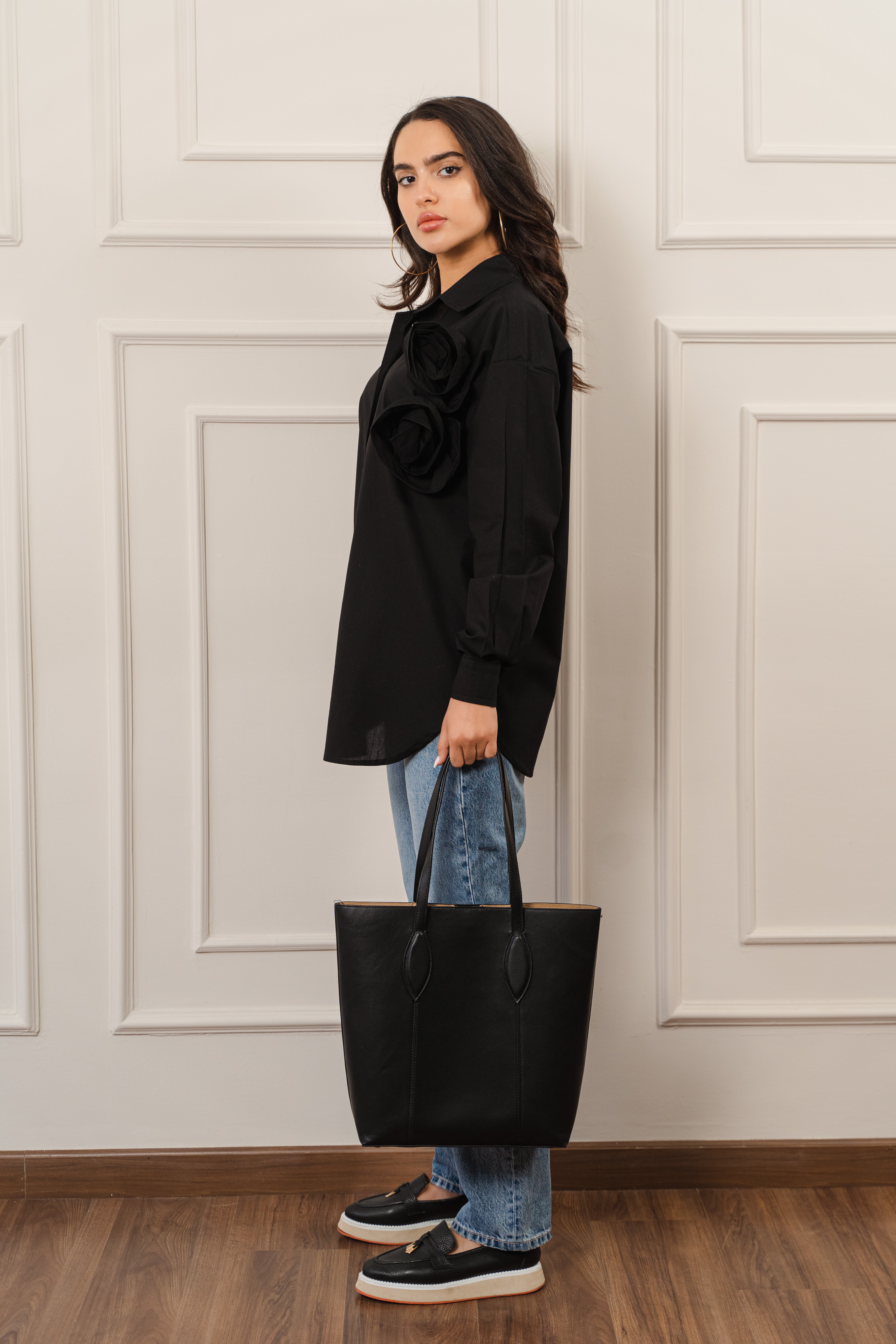 Black Poplin Shirt With Flower Detail