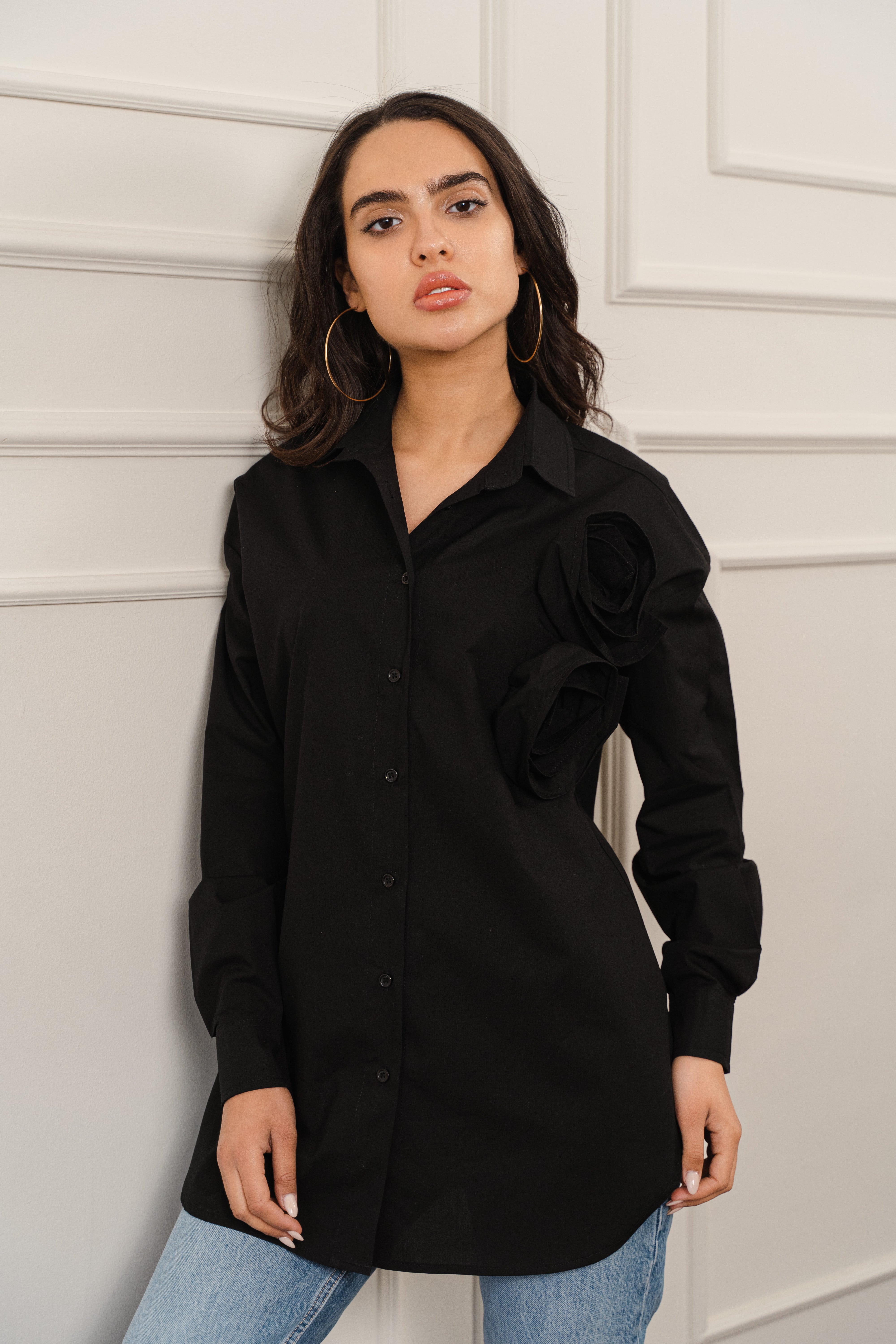Black Poplin Shirt With Flower Detail