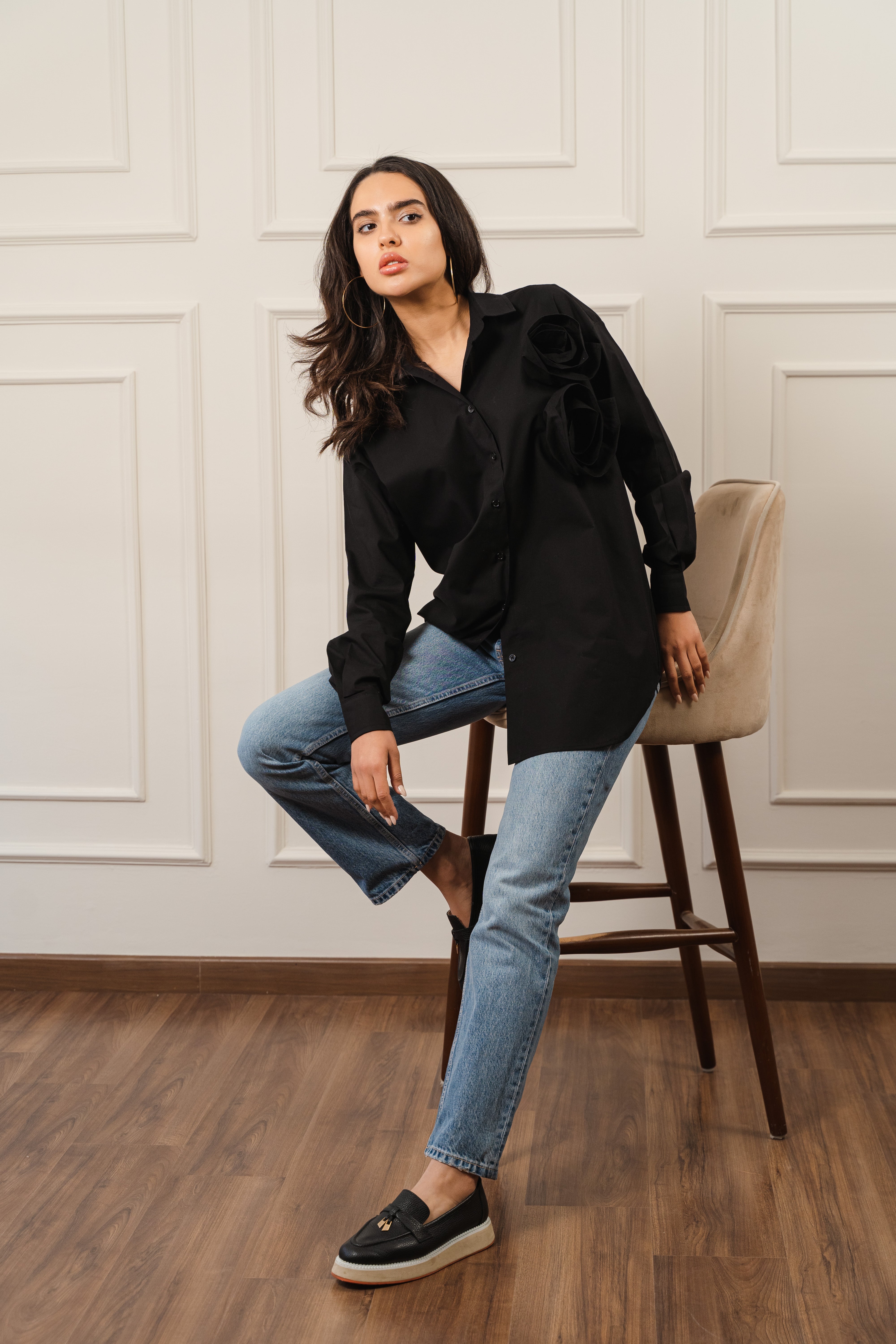 Black Poplin Shirt With Flower Detail