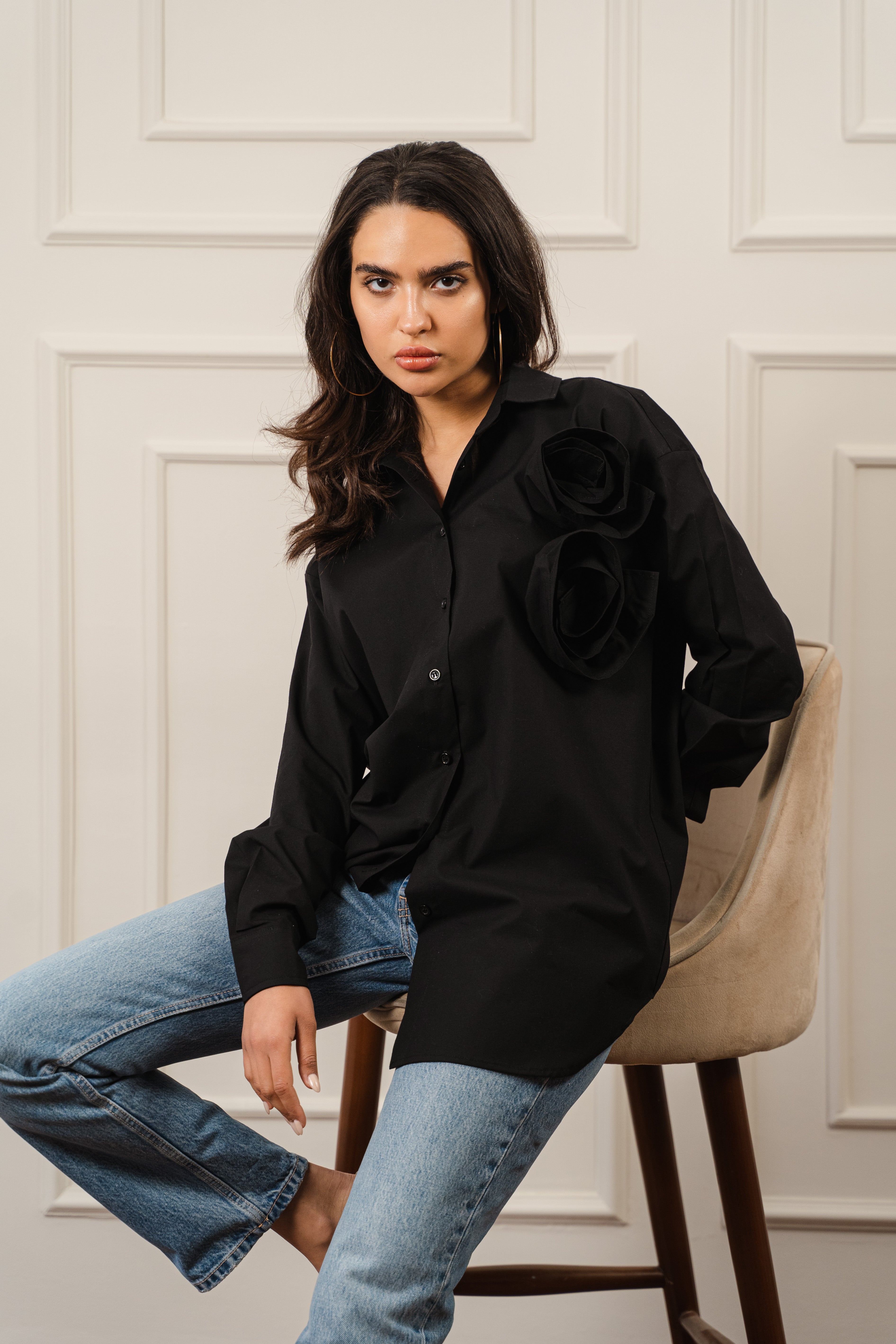Black Poplin Shirt With Flower Detail