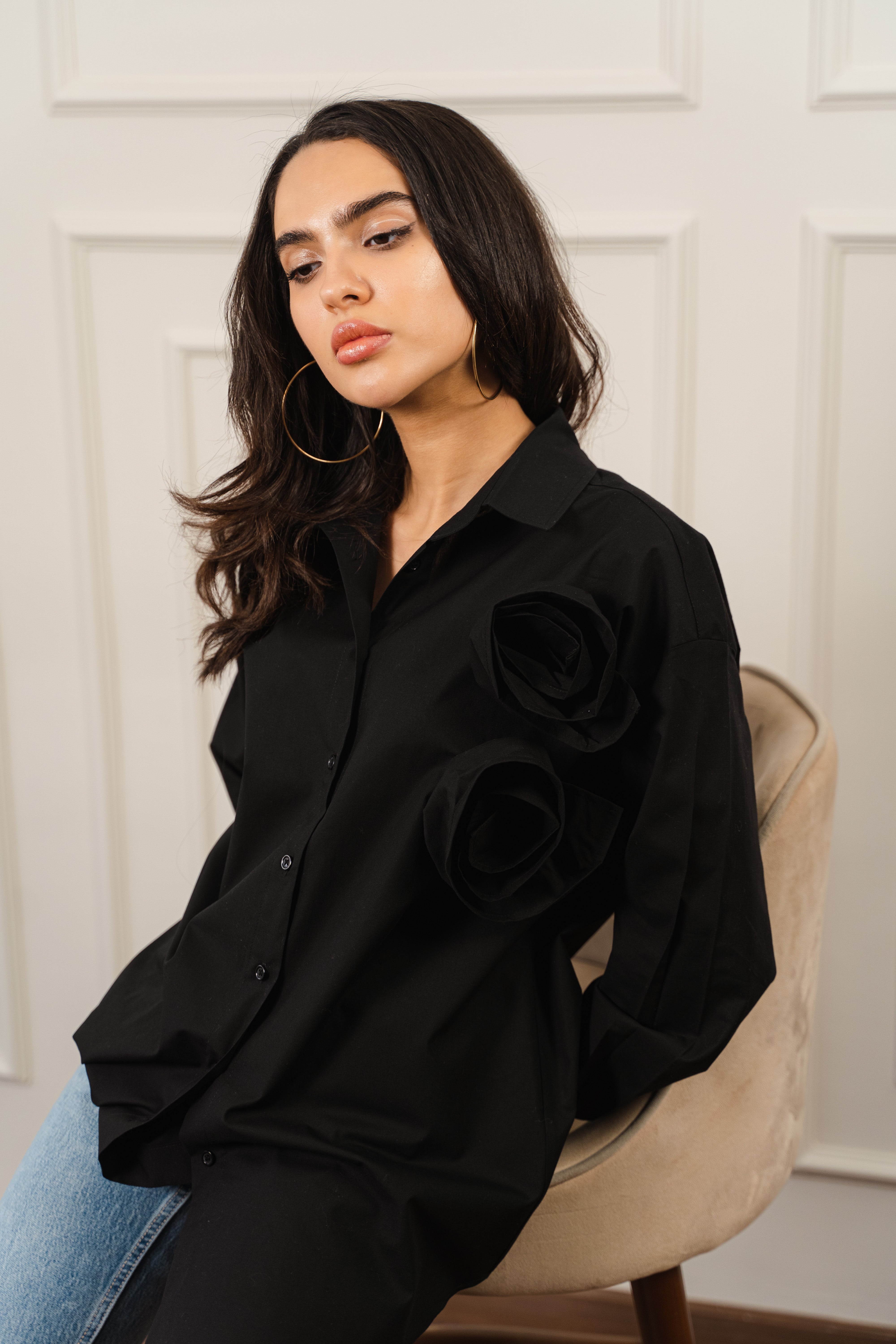 Black Poplin Shirt With Flower Detail