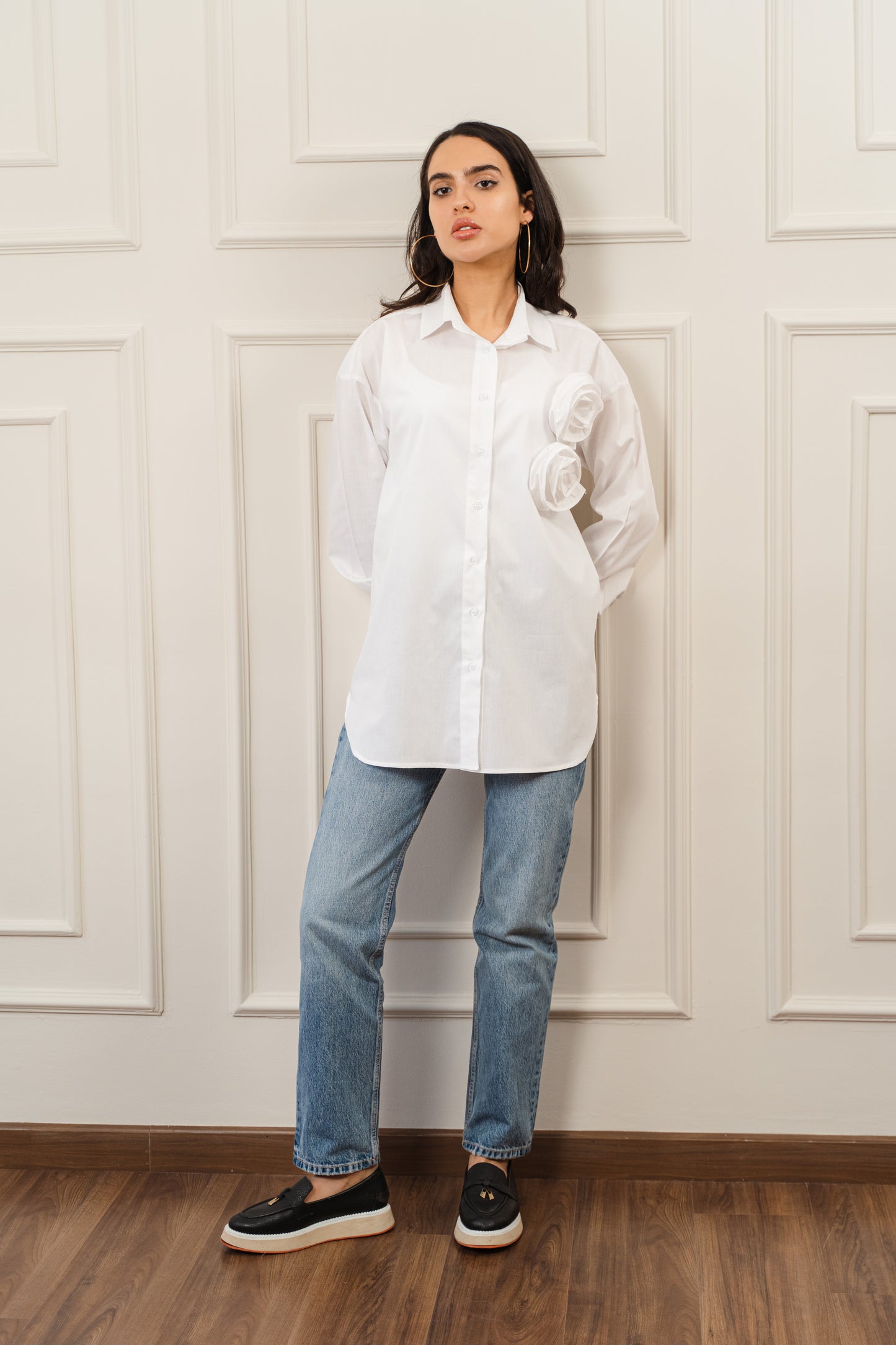 White Poplin Shirt With Flower Detail