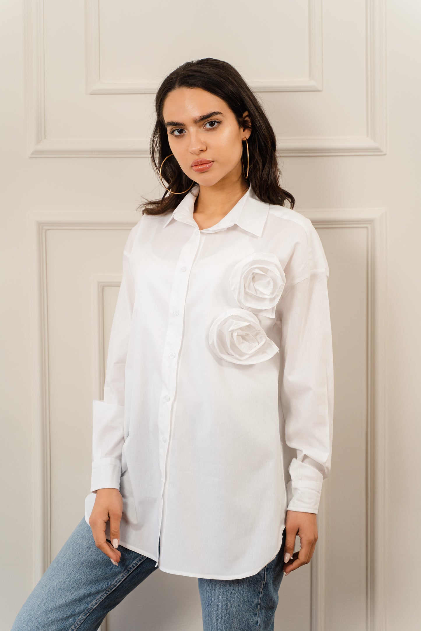 White Poplin Shirt With Flower Detail