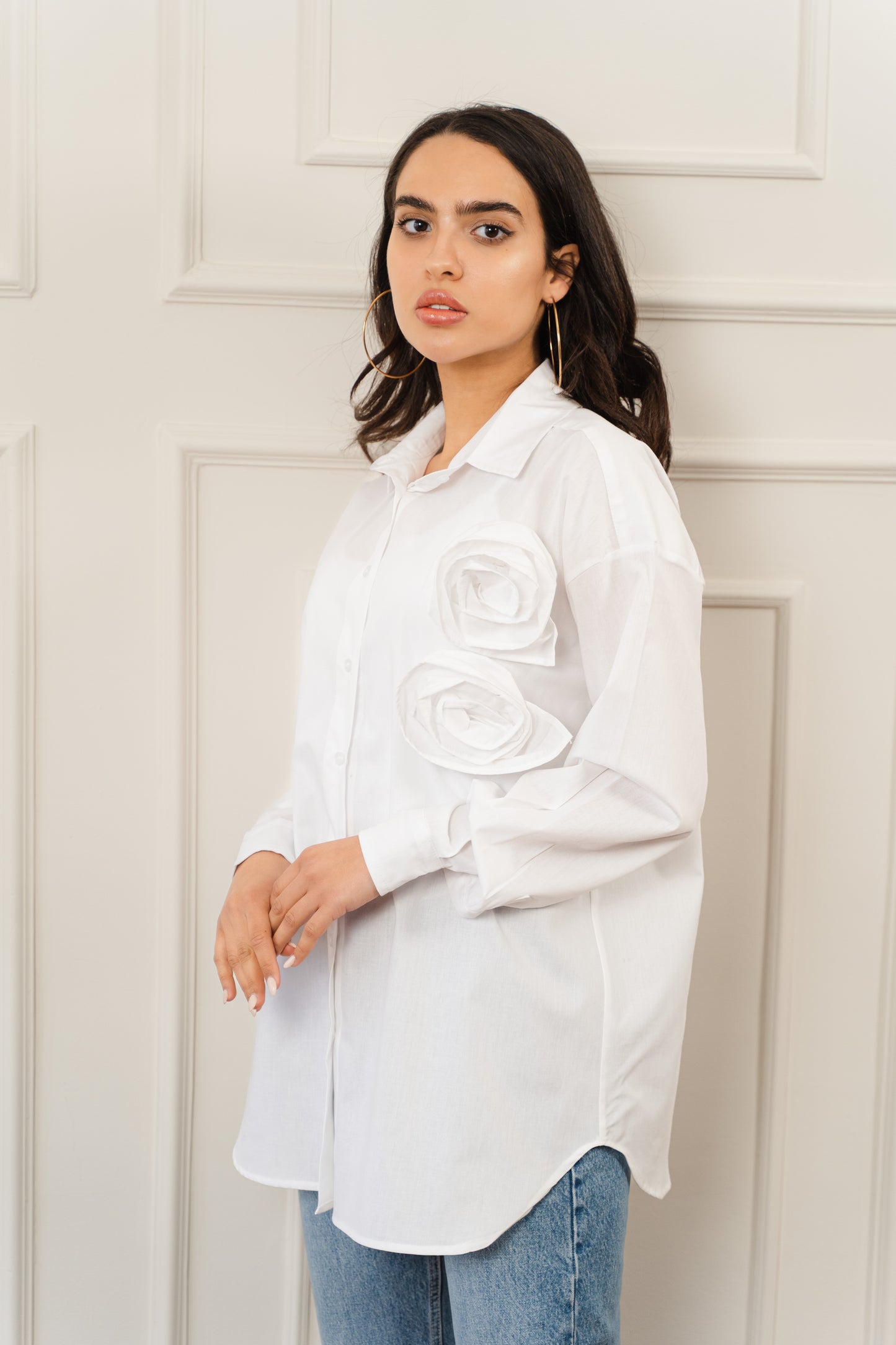 White Poplin Shirt With Flower Detail