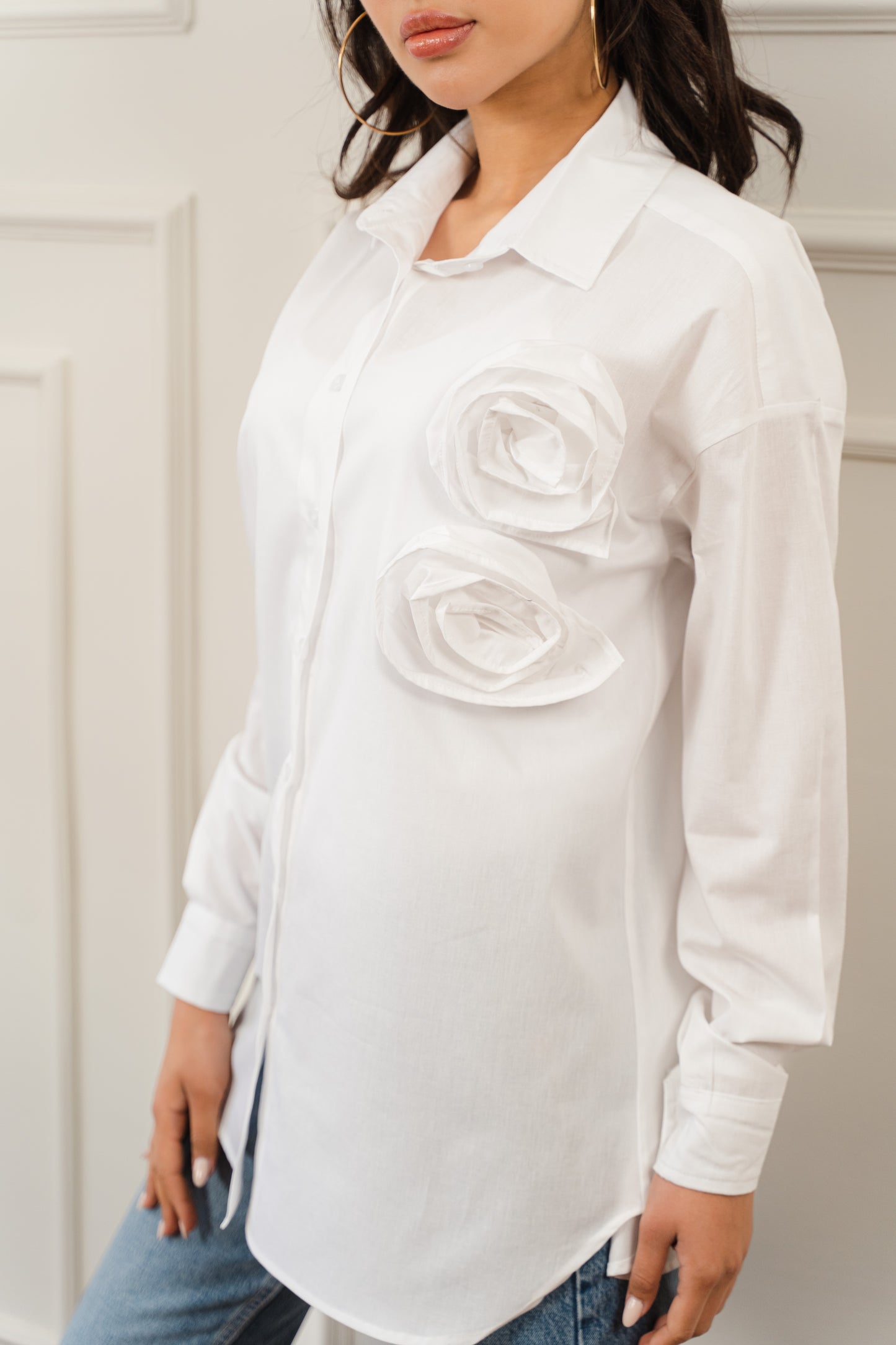 White Poplin Shirt With Flower Detail
