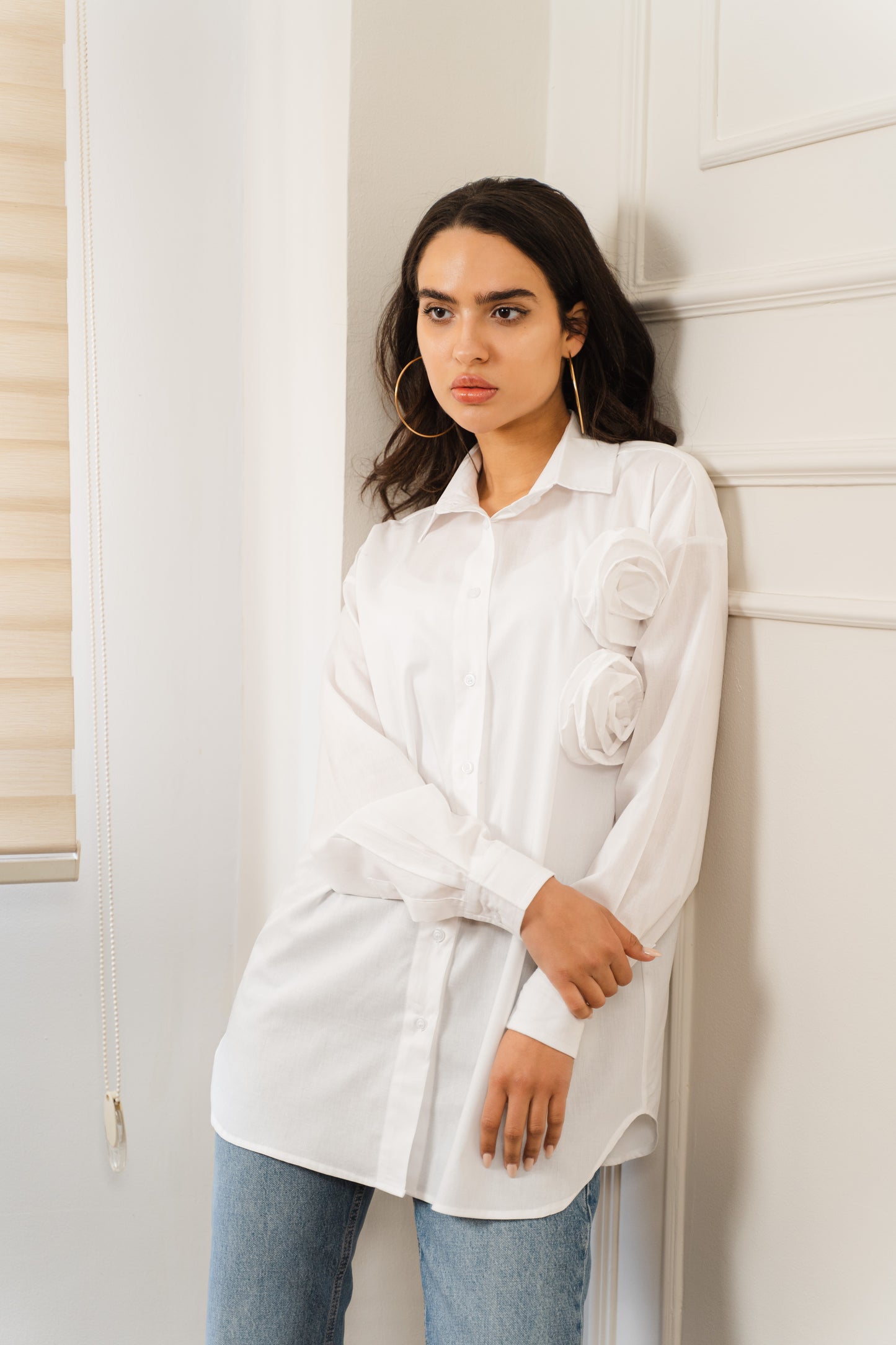 White Poplin Shirt With Flower Detail