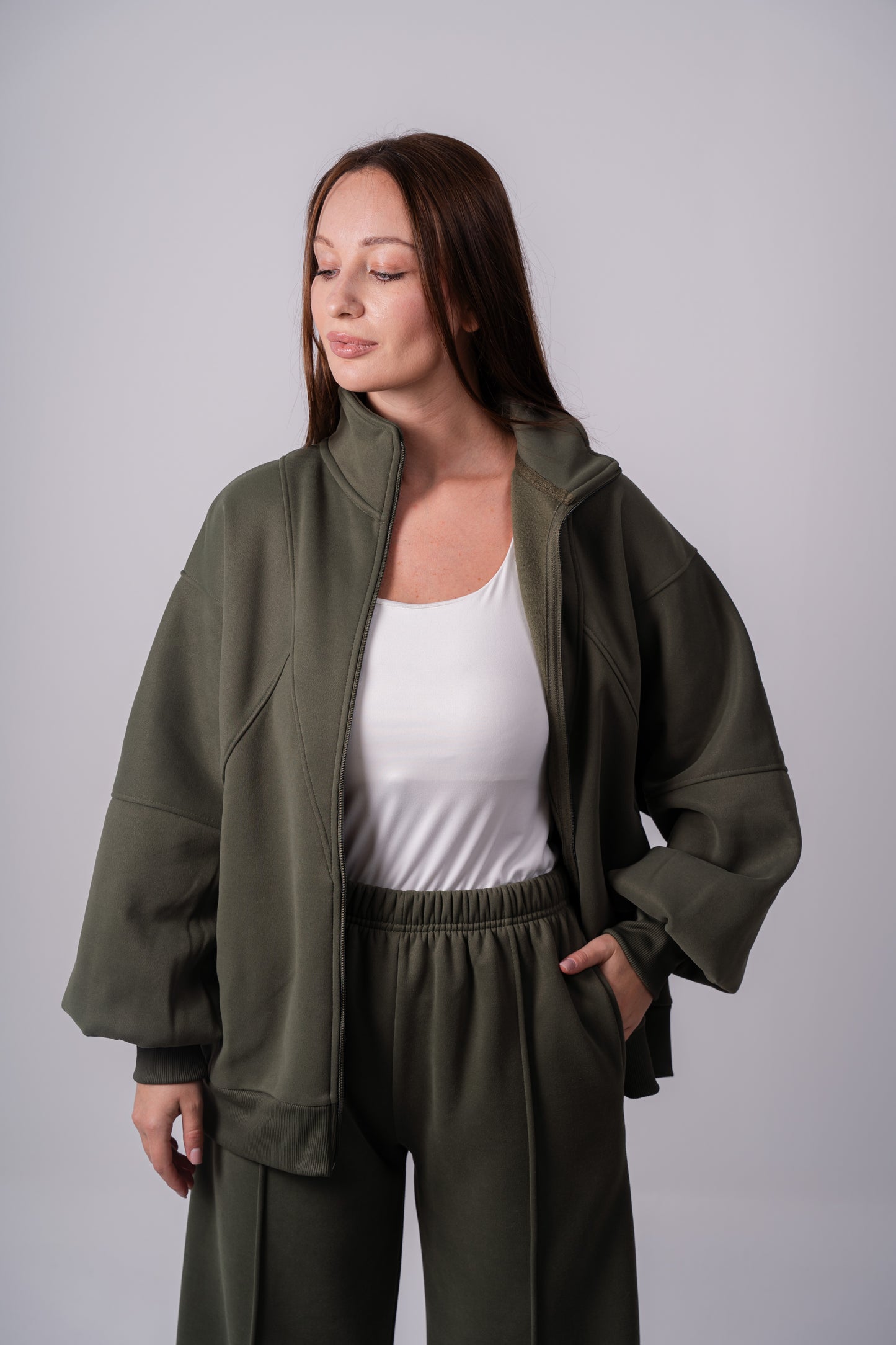 Soft Bomber Jacket Set In Olive