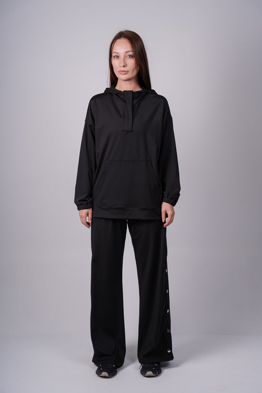 Wide Leg Side Buttons Set In Black