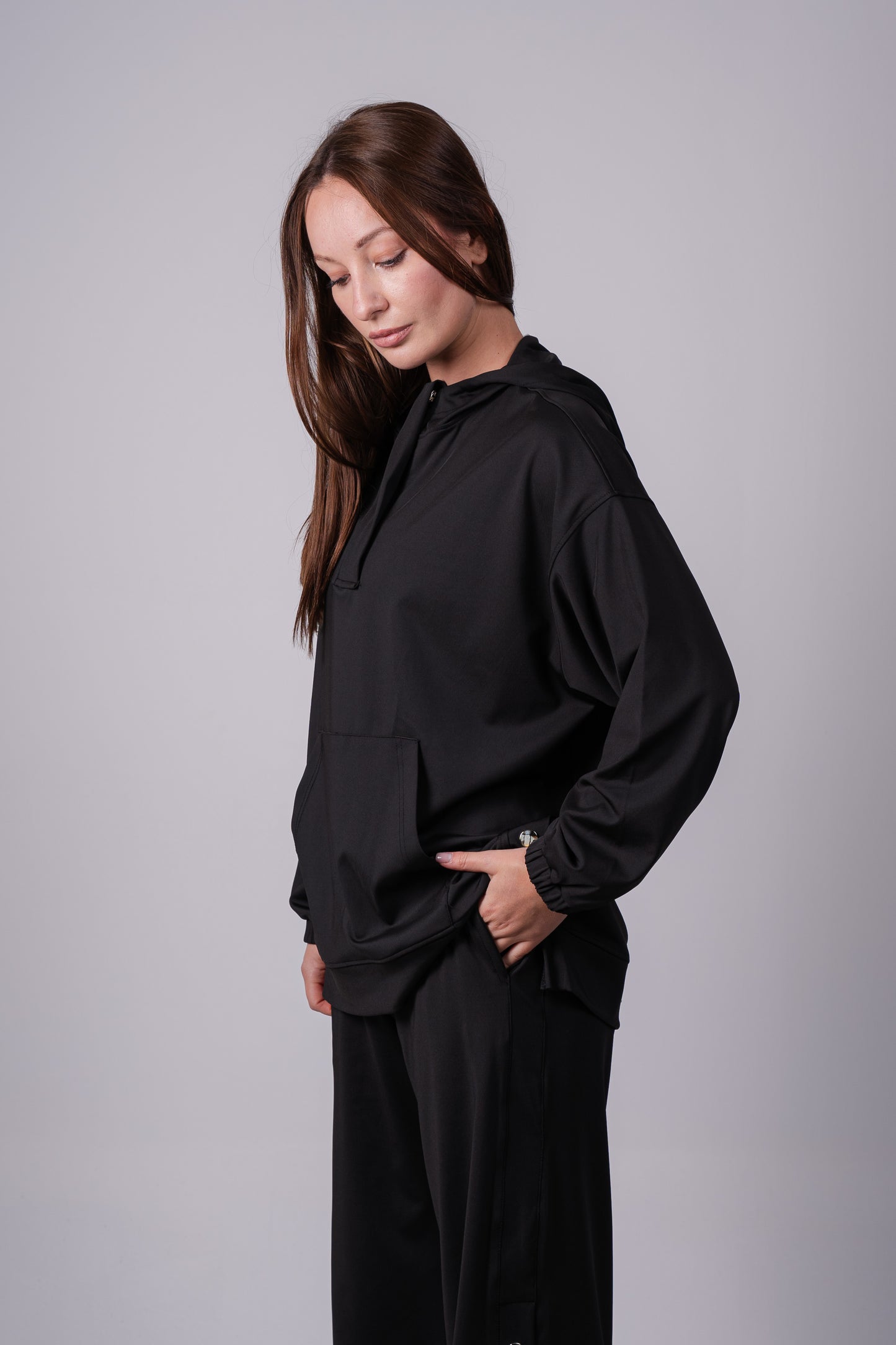 Wide Leg Side Buttons Set In Black