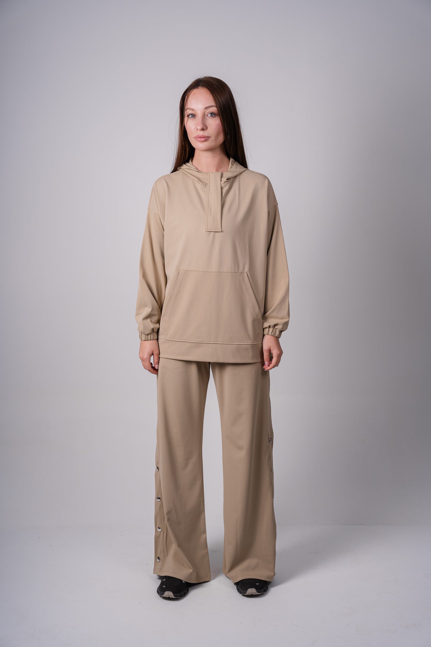 Wide Leg Side Buttons Set In Beige