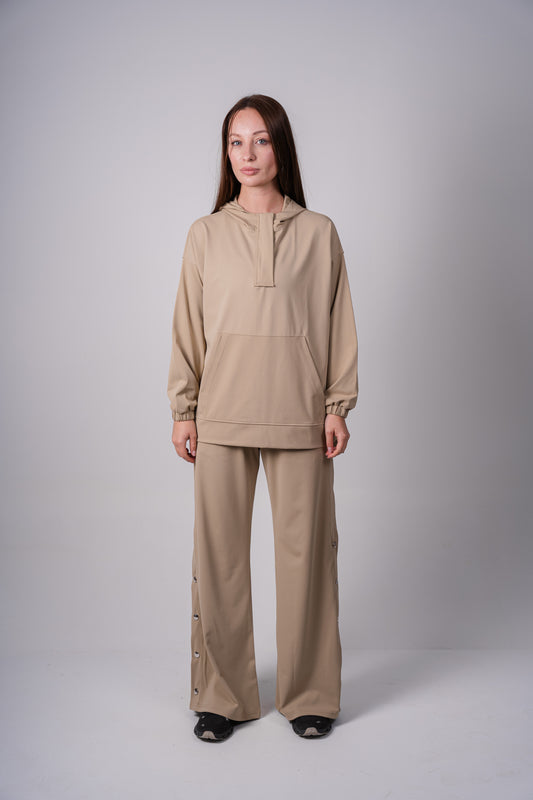 Wide Leg Side Buttons Set In Beige