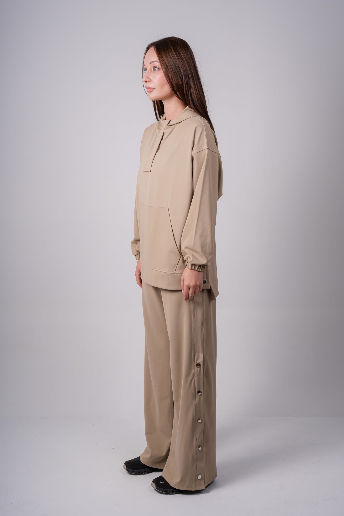 Wide Leg Side Buttons Set In Beige