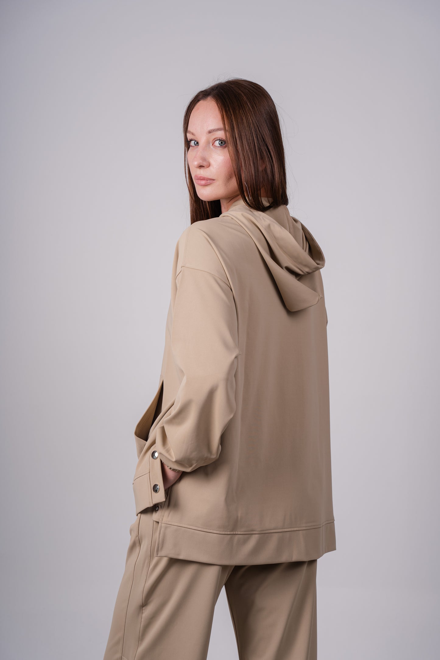 Wide Leg Side Buttons Set In Beige