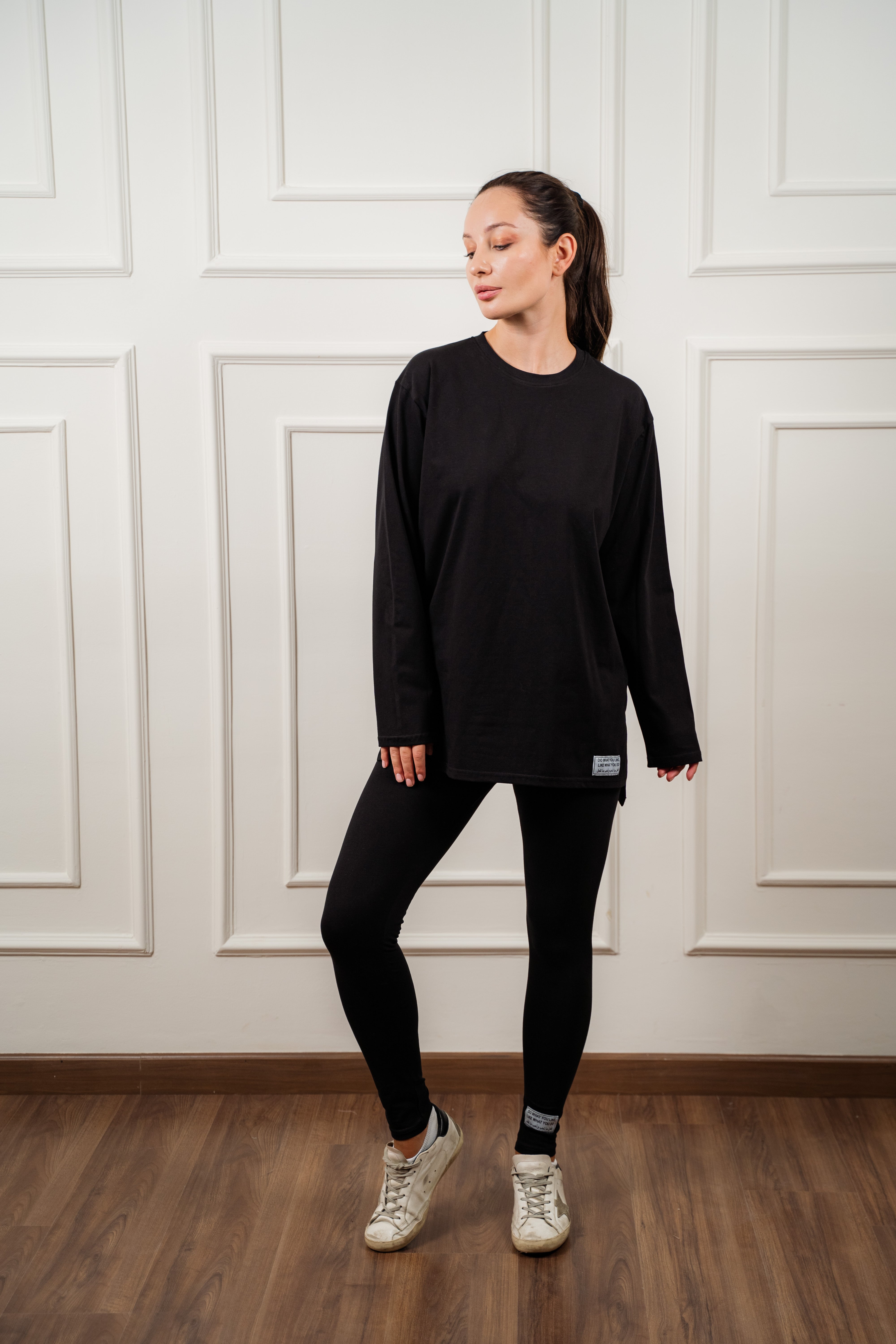 Leggings set with side slit long sleeve top| Black
