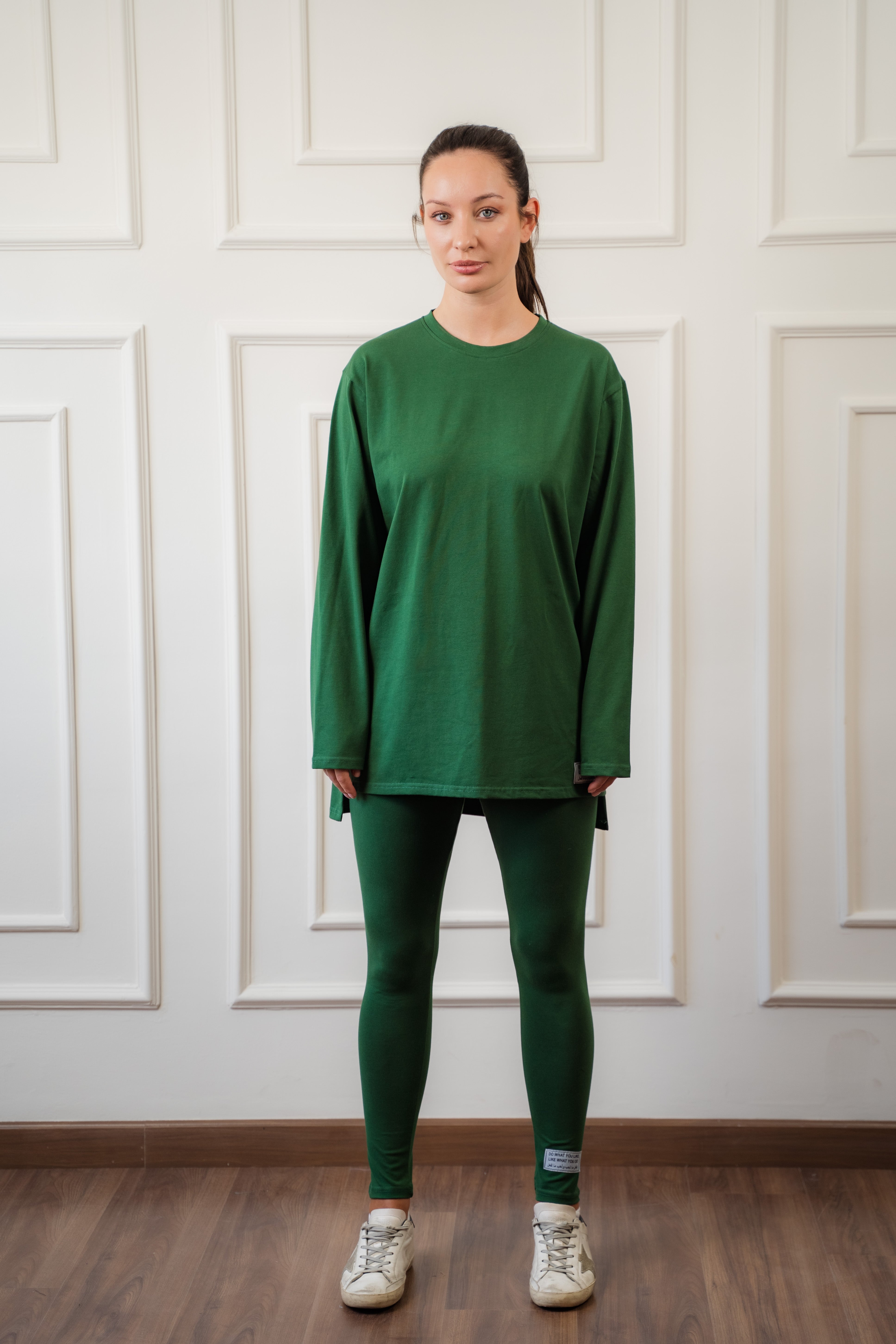 Leggings set with side slit long sleeve top |Olive