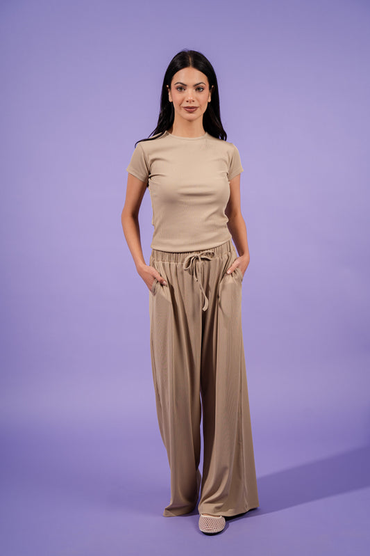 Ribbed Wide Leg Pants | Beig
