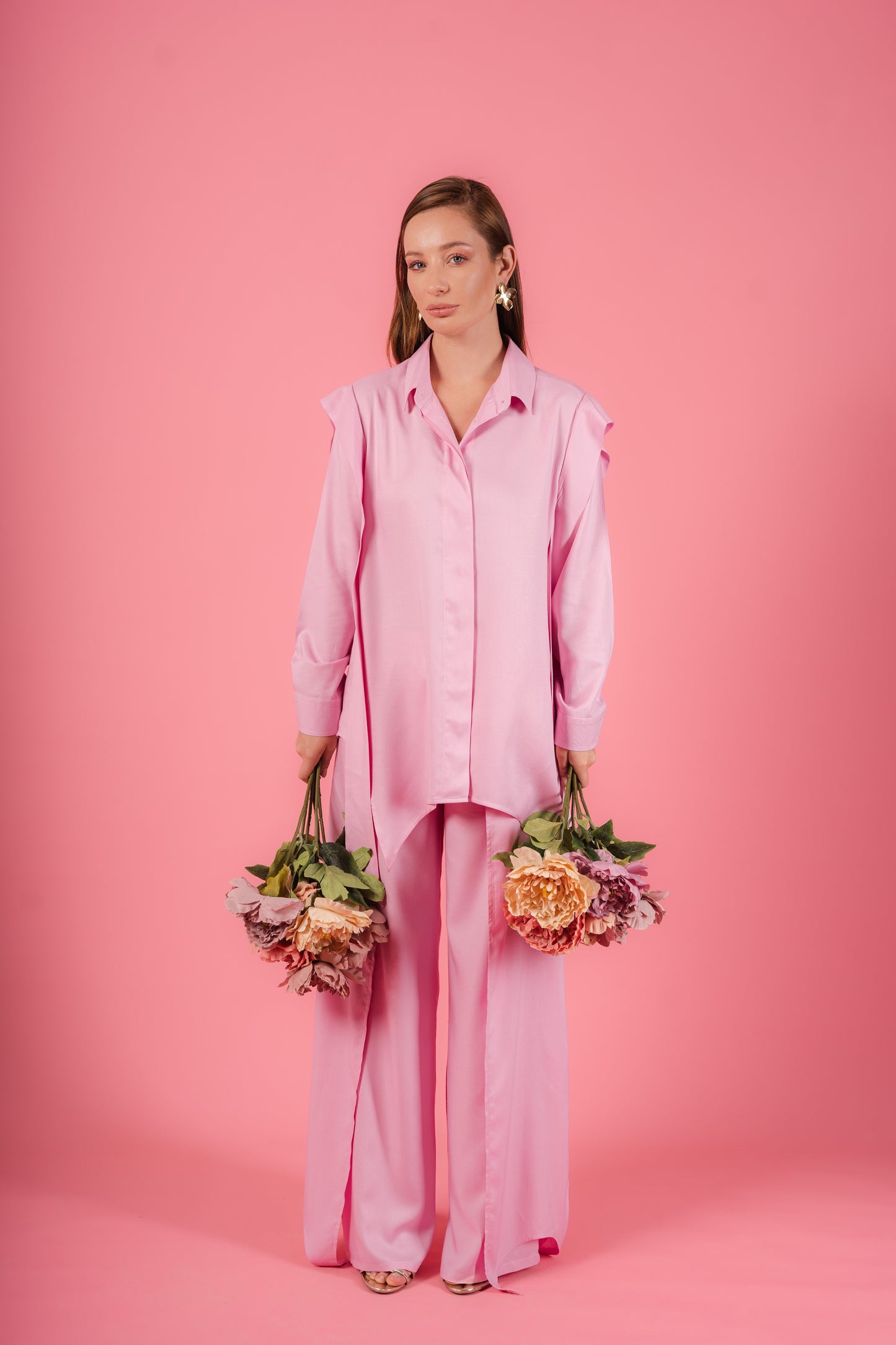 Asymmetrical Shirt Set l Pink