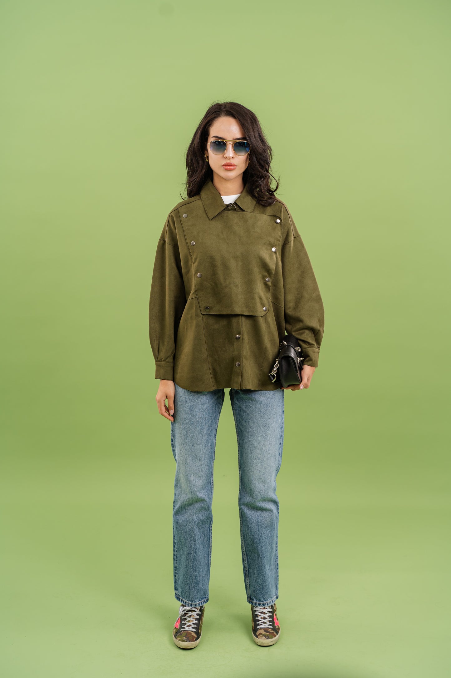 Faux Suede Overshirt In Olive