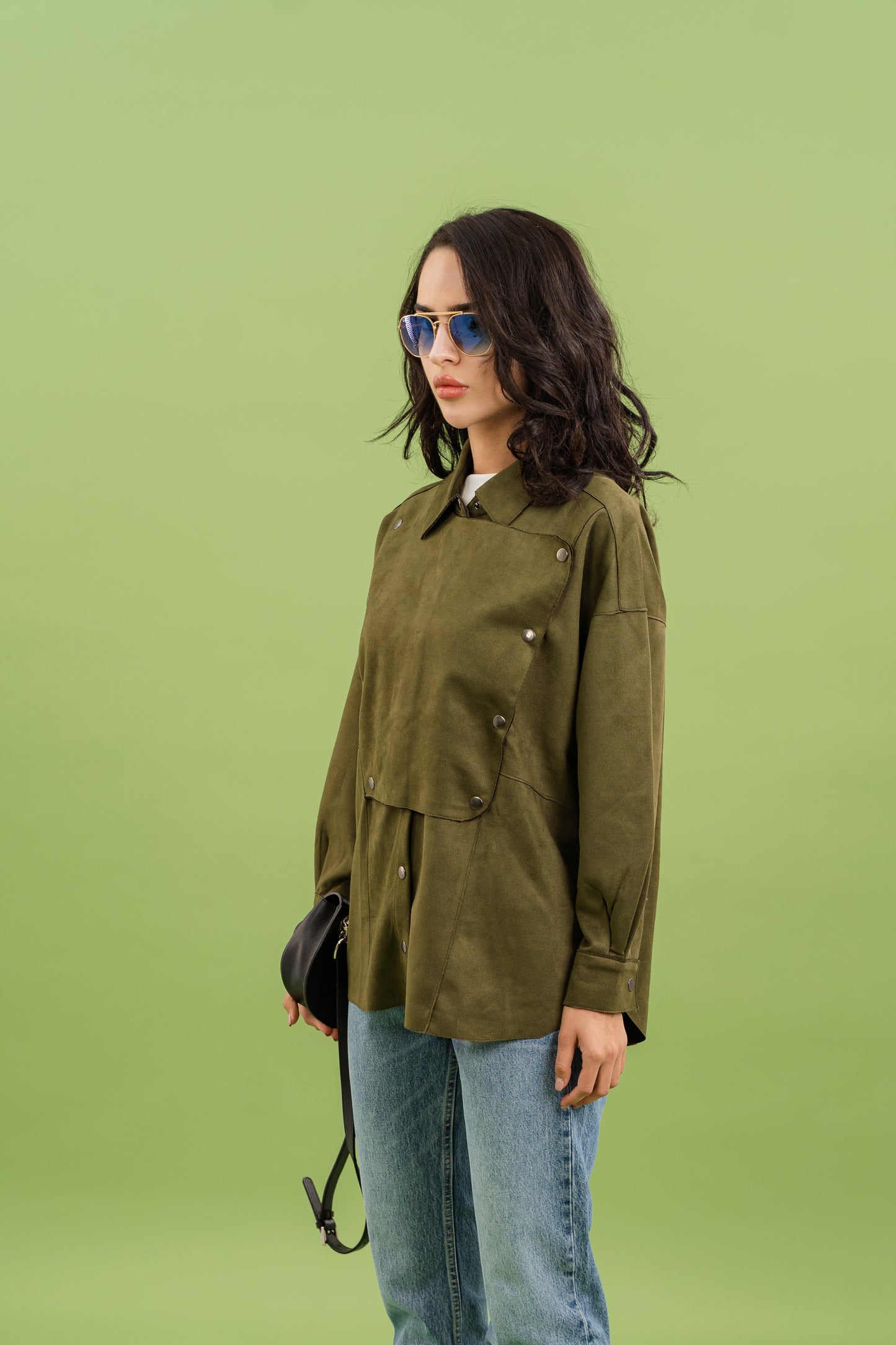 Faux Suede Overshirt In Olive